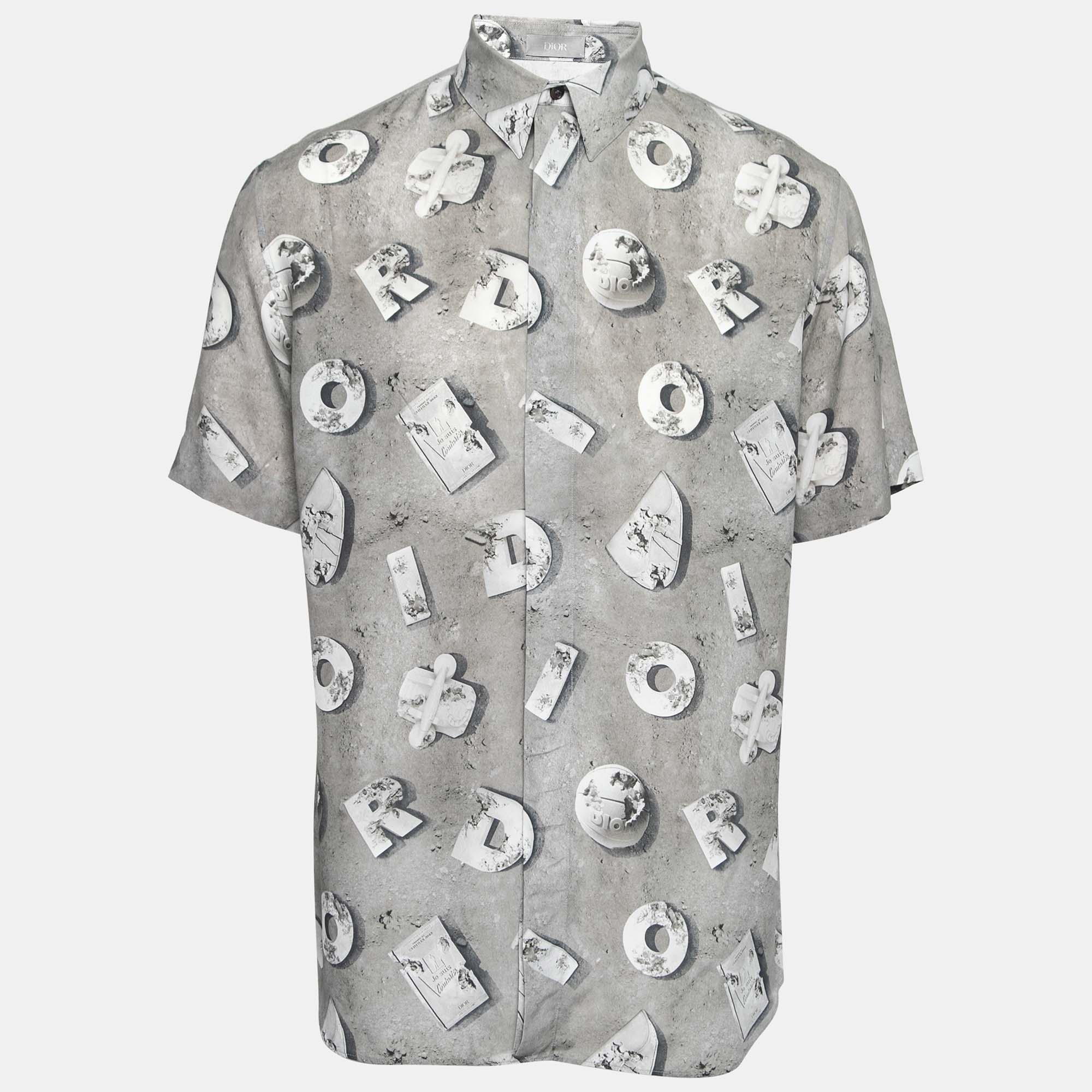 Dior X Daniel Arsham Grey Lunar Printed Crepe Short Sleeve Shirt L