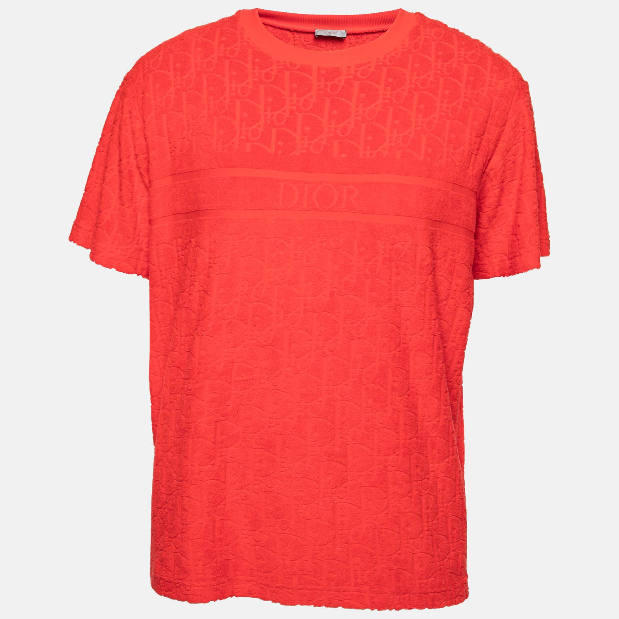 Dior Red Oblique Jacquard Terry Cotton Short Sleeve T-Shirt M