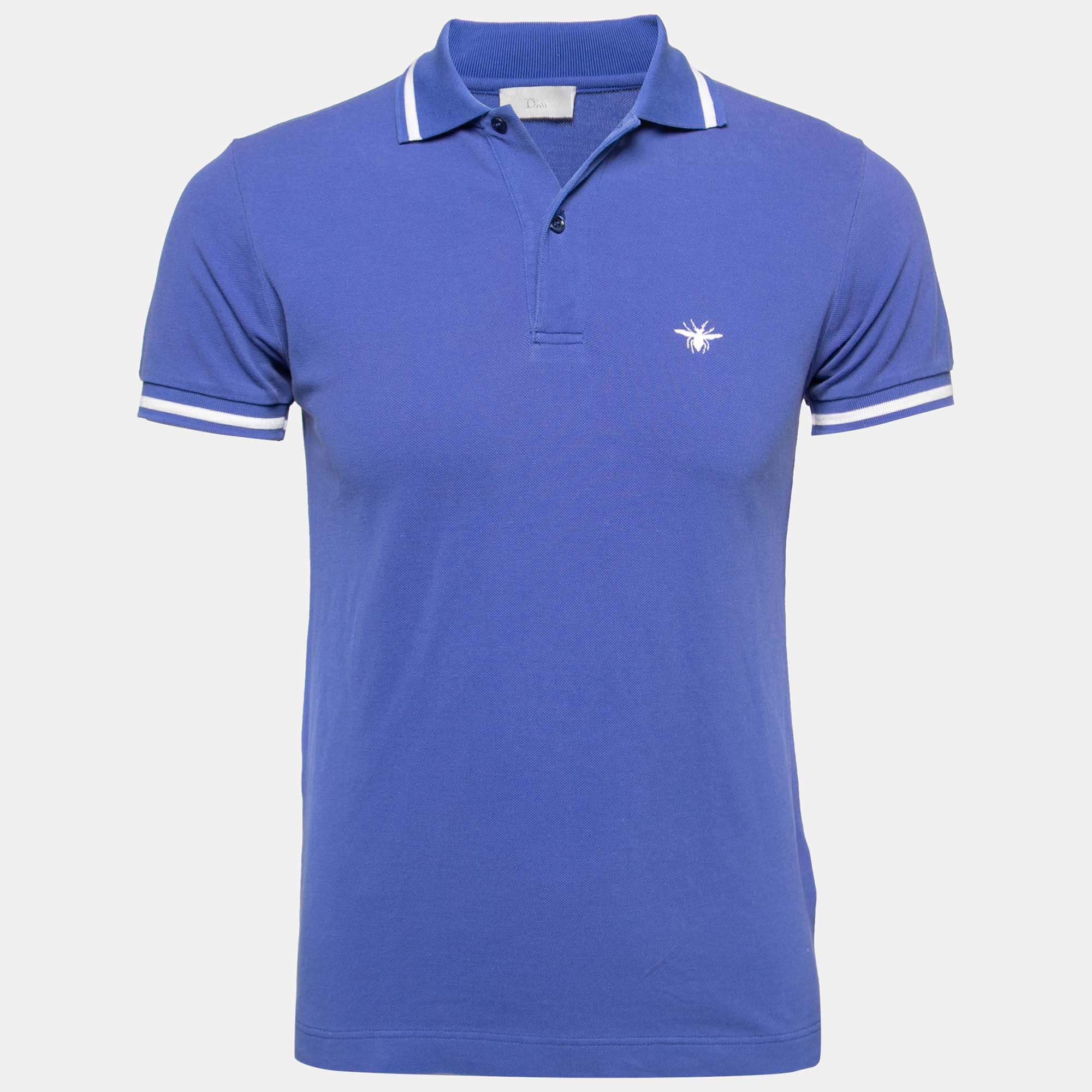 Dior Purple Cotton Pique Bee Embroidered Short Sleeve Polo T-Shirt XS