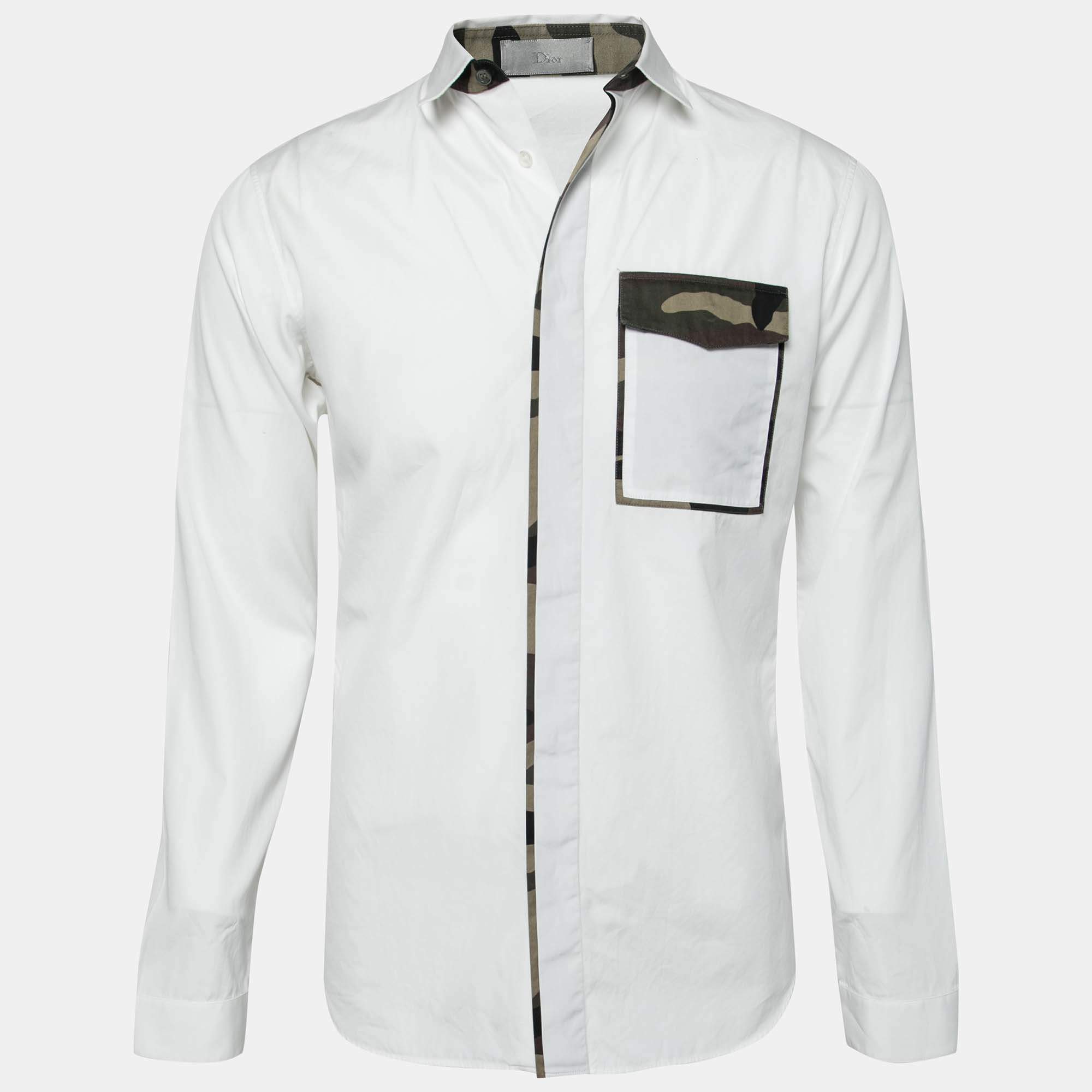 Dior White Camouflage Trimmed Cotton Pocket Detail Button Front Shirt S