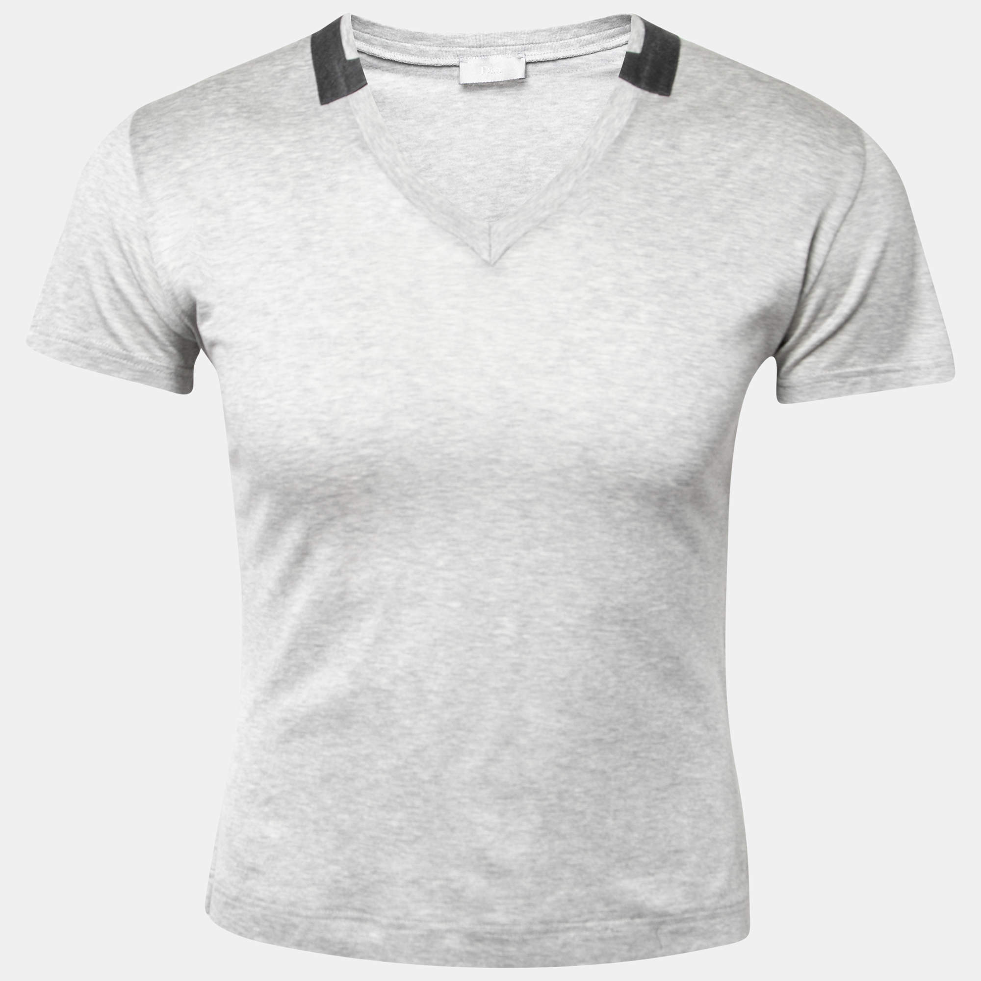 Dior Grey Cotton V-Neck Short Sleeve T-Shirt S
