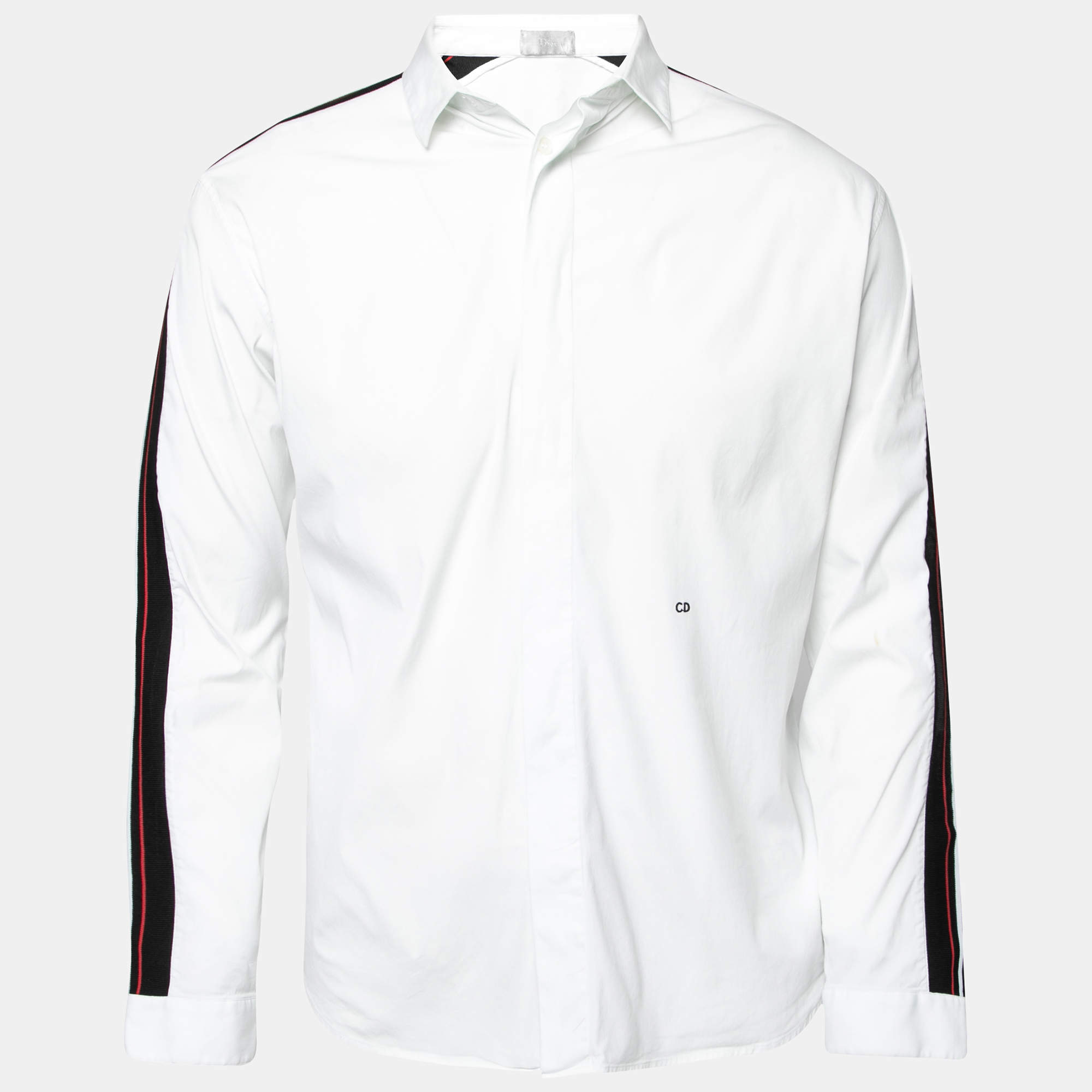 مملوكة مسبقًا قميص ديور قطن أبيض حافة مخططة أزرار أمامية مقاس متوسط (ميديوم)