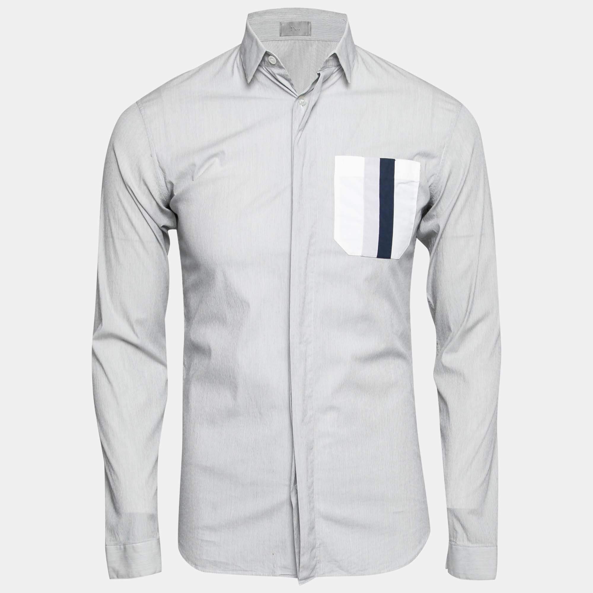 Dior Grey Cotton Contrast Pocket Detail Button Front Shirt S 