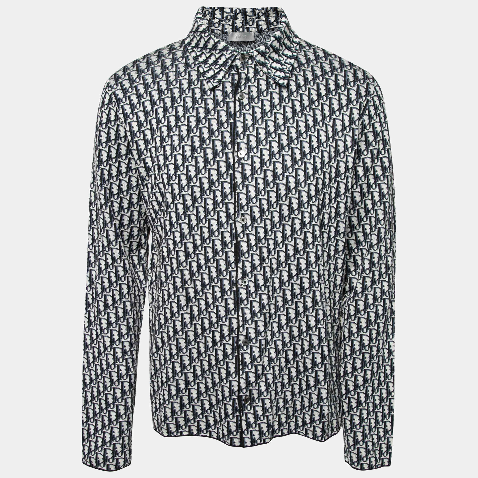 Pre Owned Dior Blue/White Cotton Oblique Long Sleeve Overshirt XL