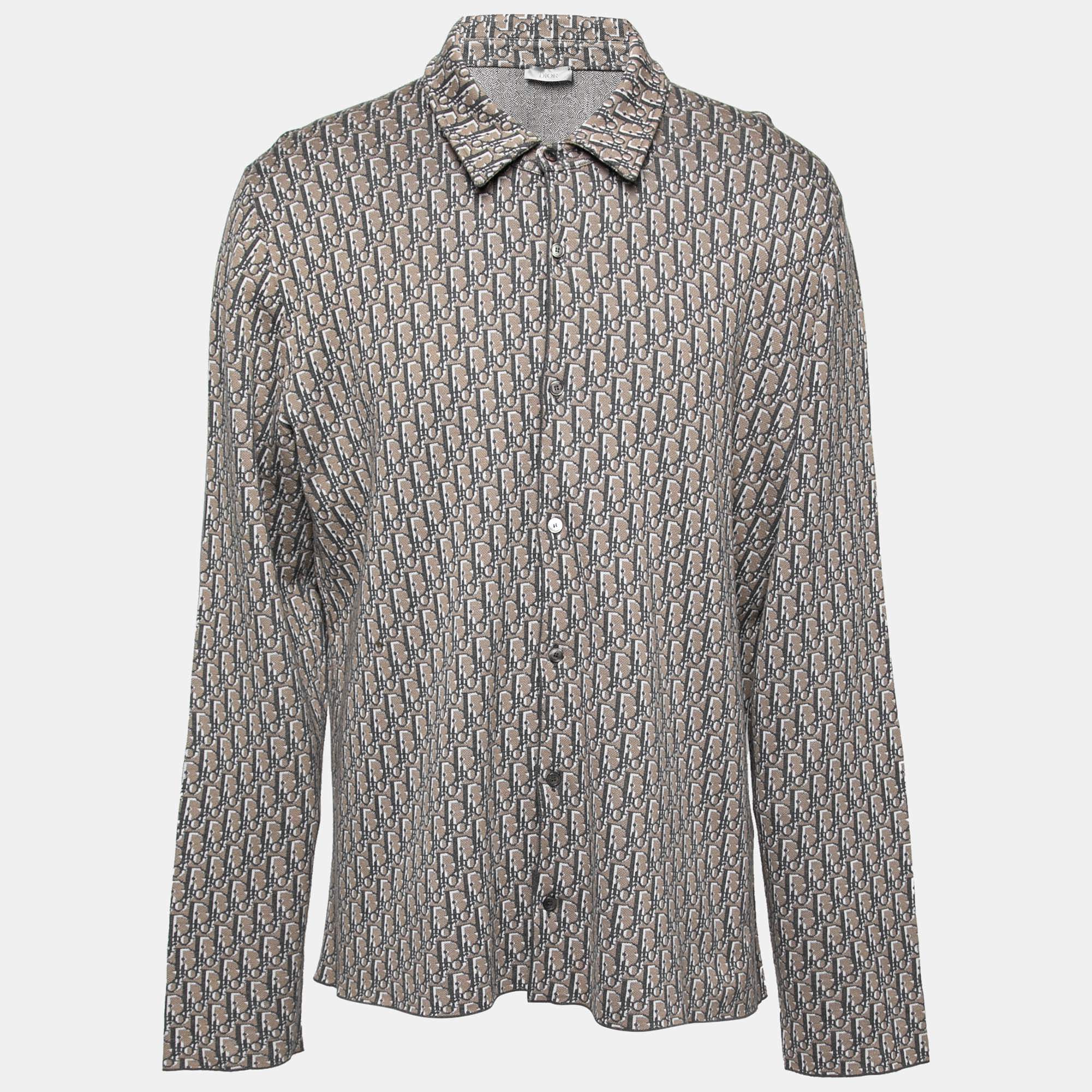 Dior Brown & Grey Oblique Logo Jacquard Knit Button Front Shirt XXL