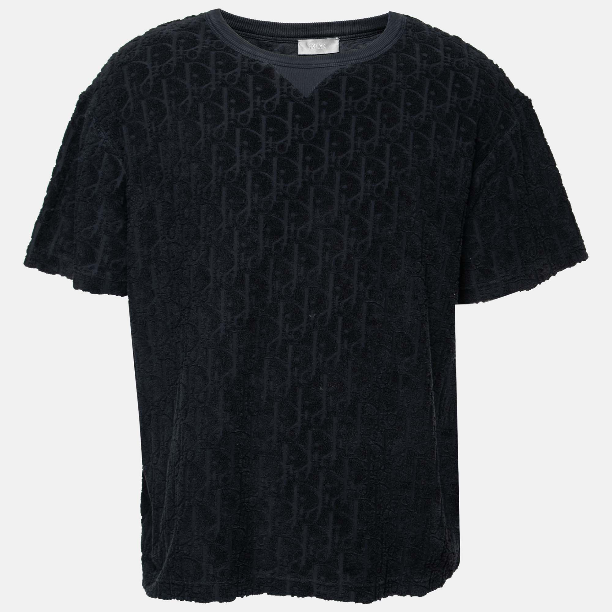Dior Navy Blue Oblique Monogram Jacquard Terry Short Sleeve T-Shirt XL