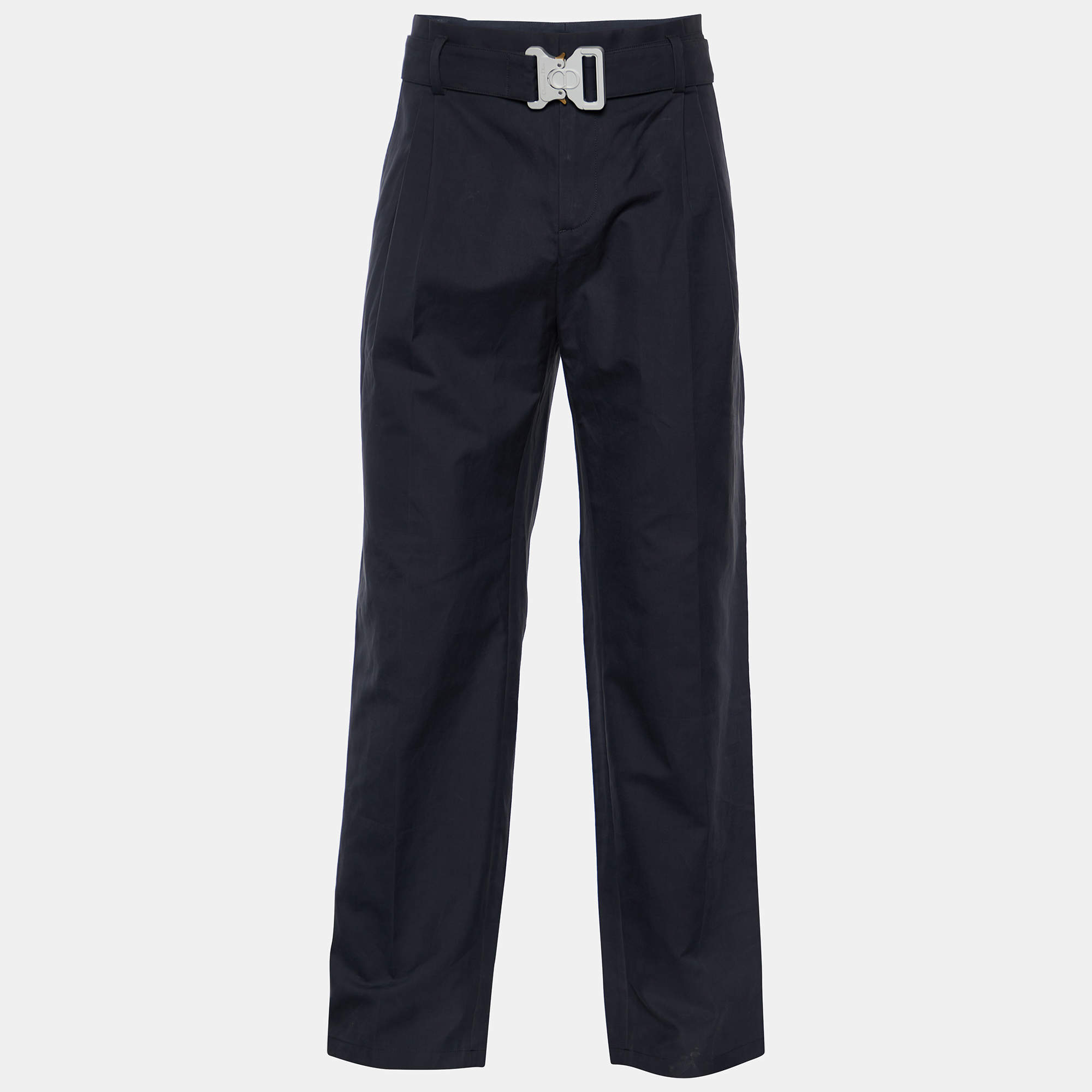 Dior Homme Hale Navy Cotton Faille Belt Detail Pleated Pants XL