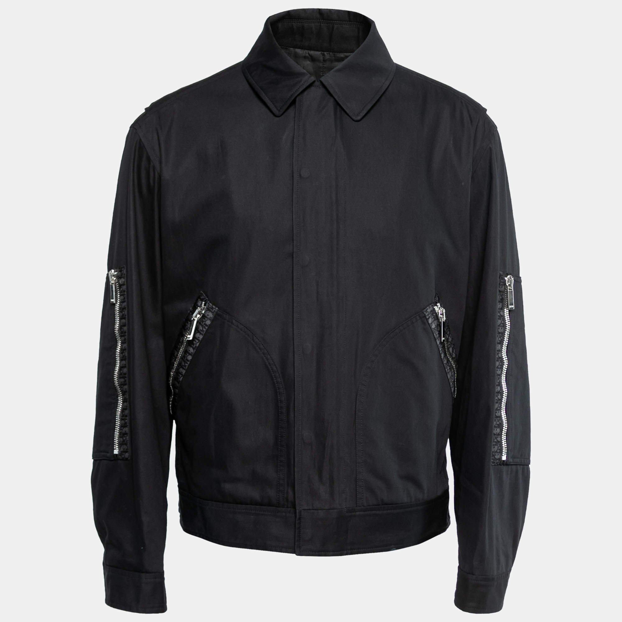 Dior Black Gabardine Monogram Trim Detail Zip-Up Jacket XL