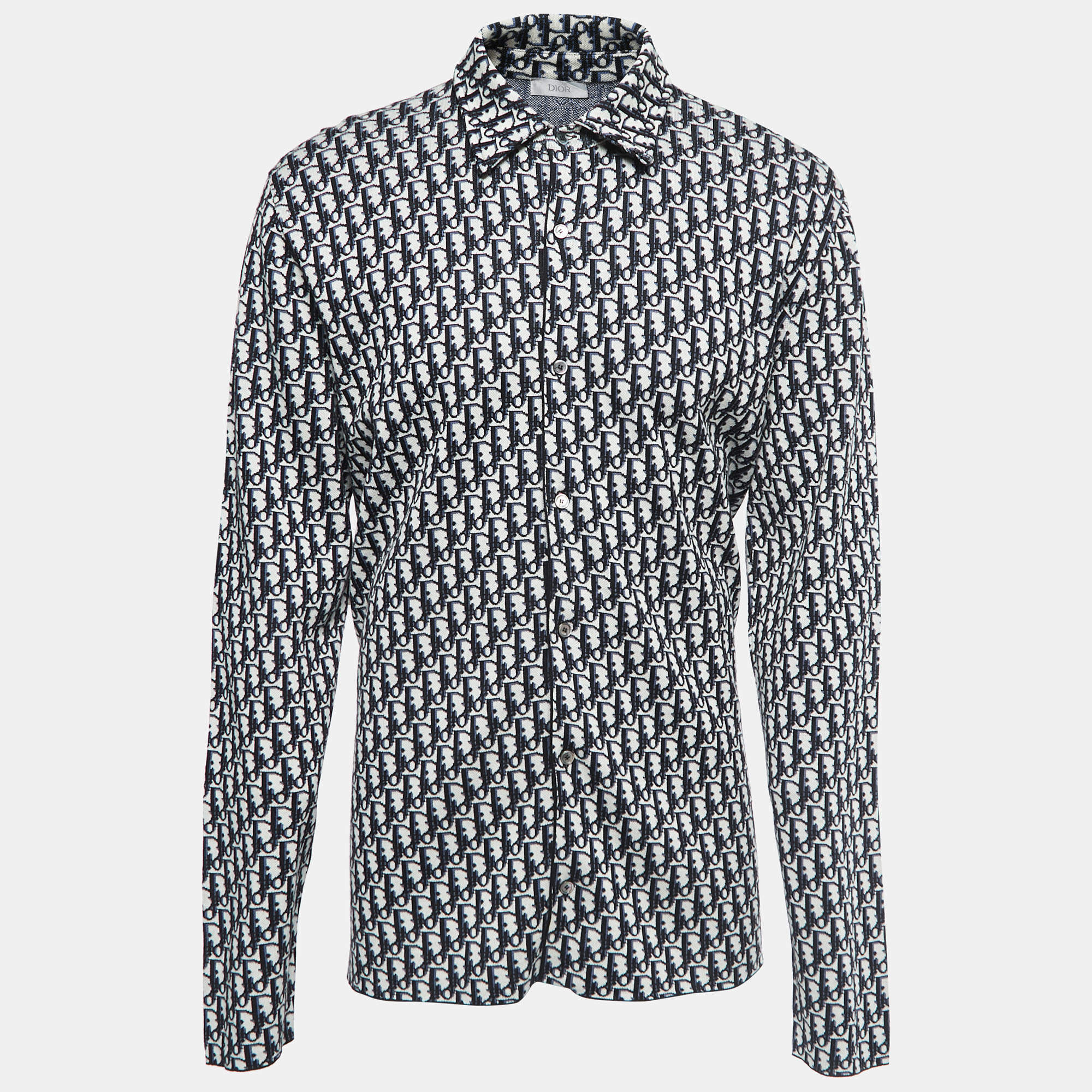 Dior Navy Blue Oblique Patterned Cotton Knit Button Front Shirt XL
