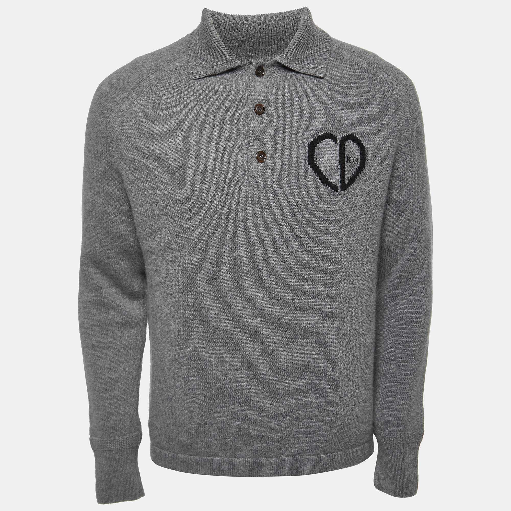Dior Grey Logo Embroidered Wool Blend Polo Full Sleeve T-Shirt S