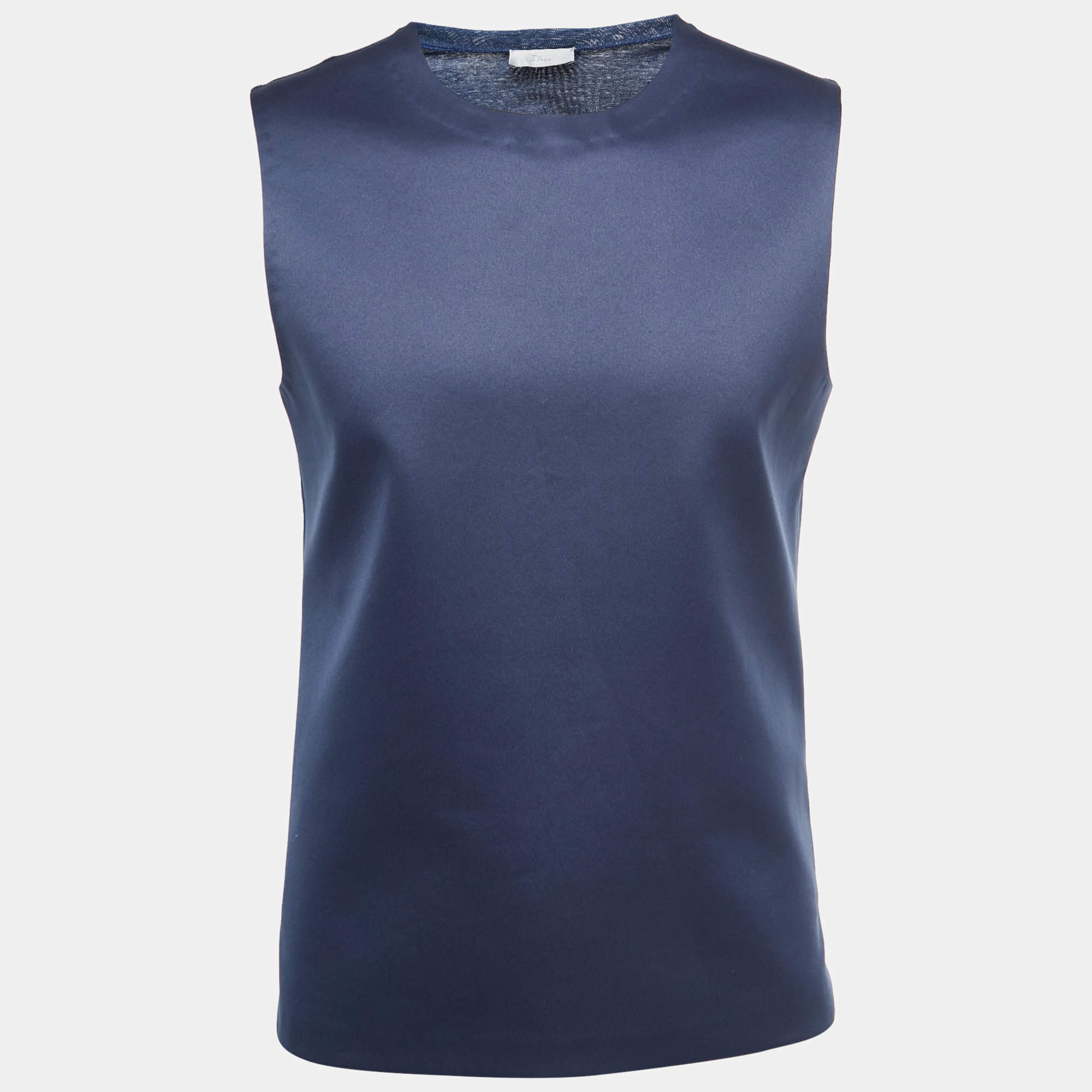 Dior Navy Blue Satin Sleeveless T-Shirt S