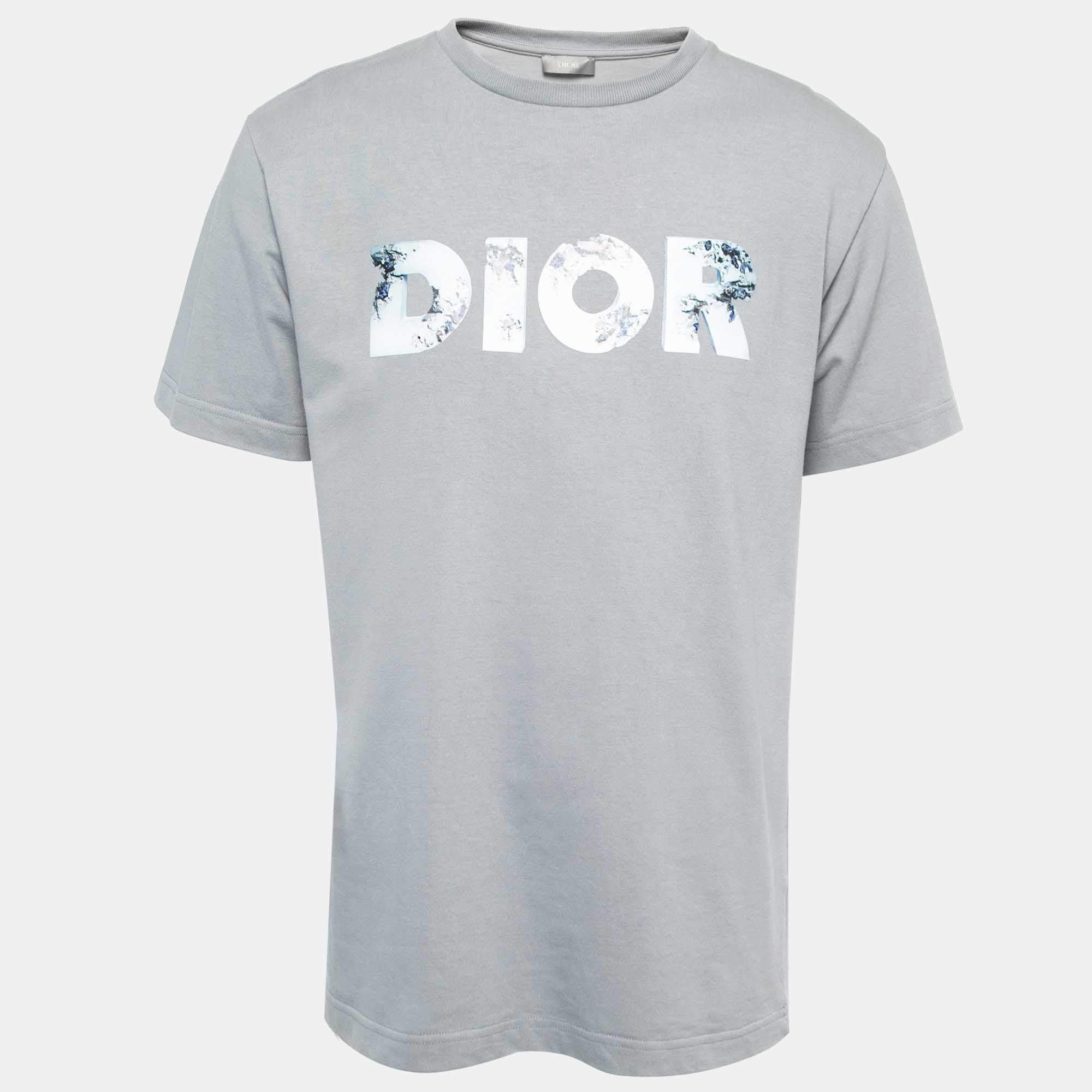 Dior Homme X Daniel Arsham Grey Eroded Logo Print Cotton Crew Neck T-Shirt M