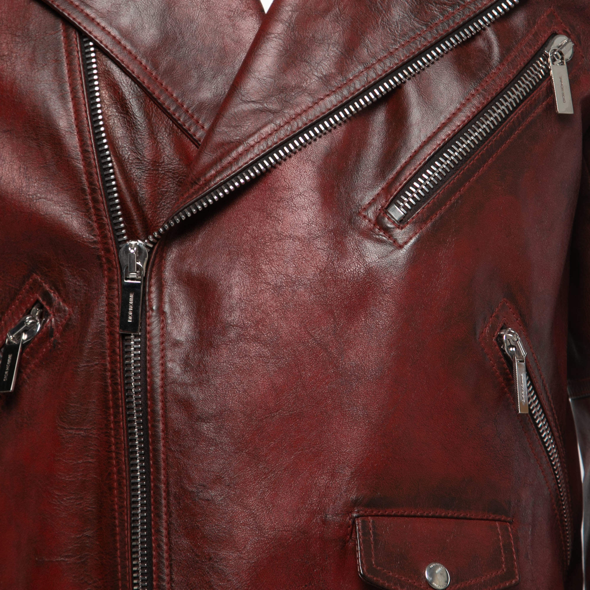 Dior Homme 'Ribbed' Blood Red Patina Leather Biker Jacket