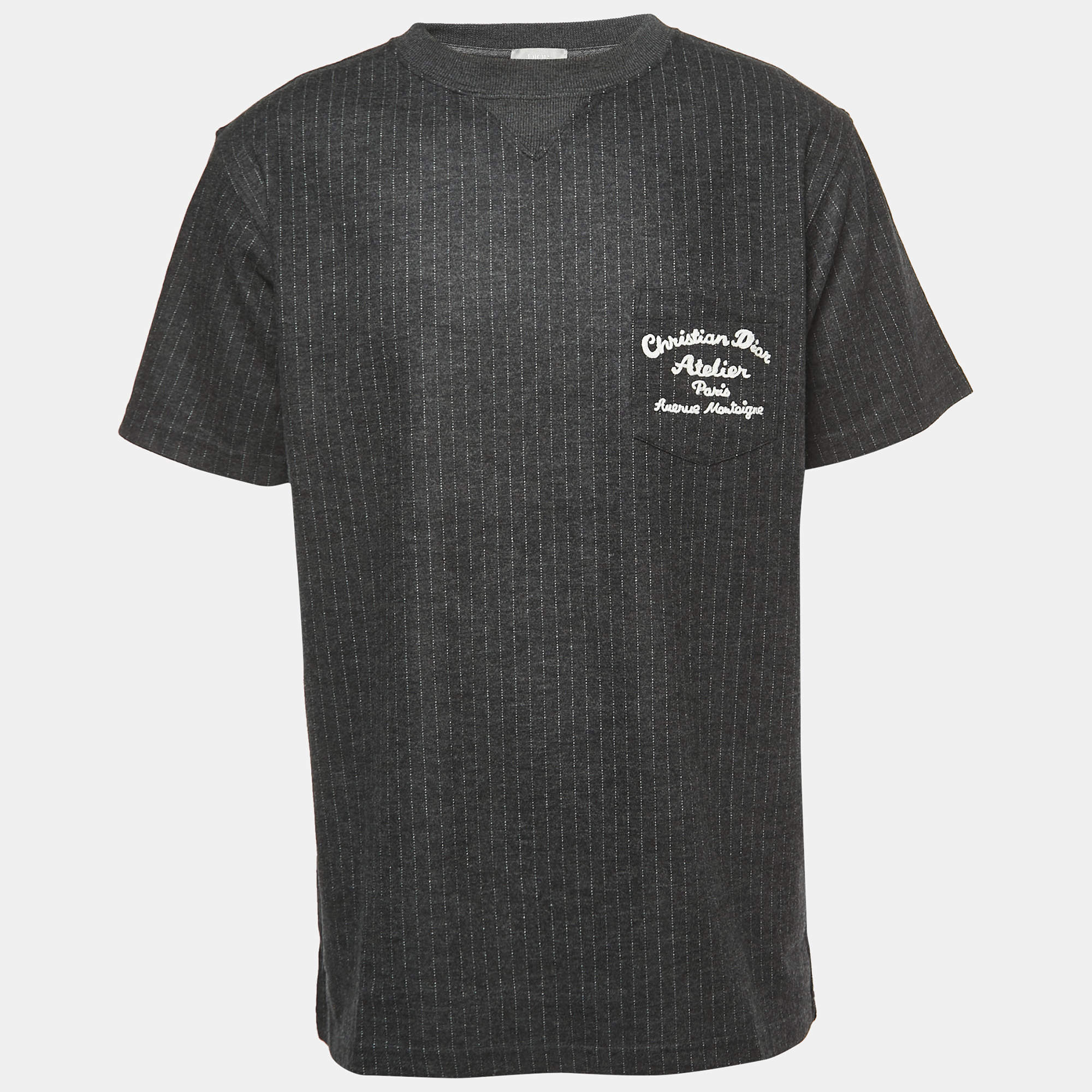 Dior Dark Grey Striped Embroidered Wool Crew Neck T-Shirt XL