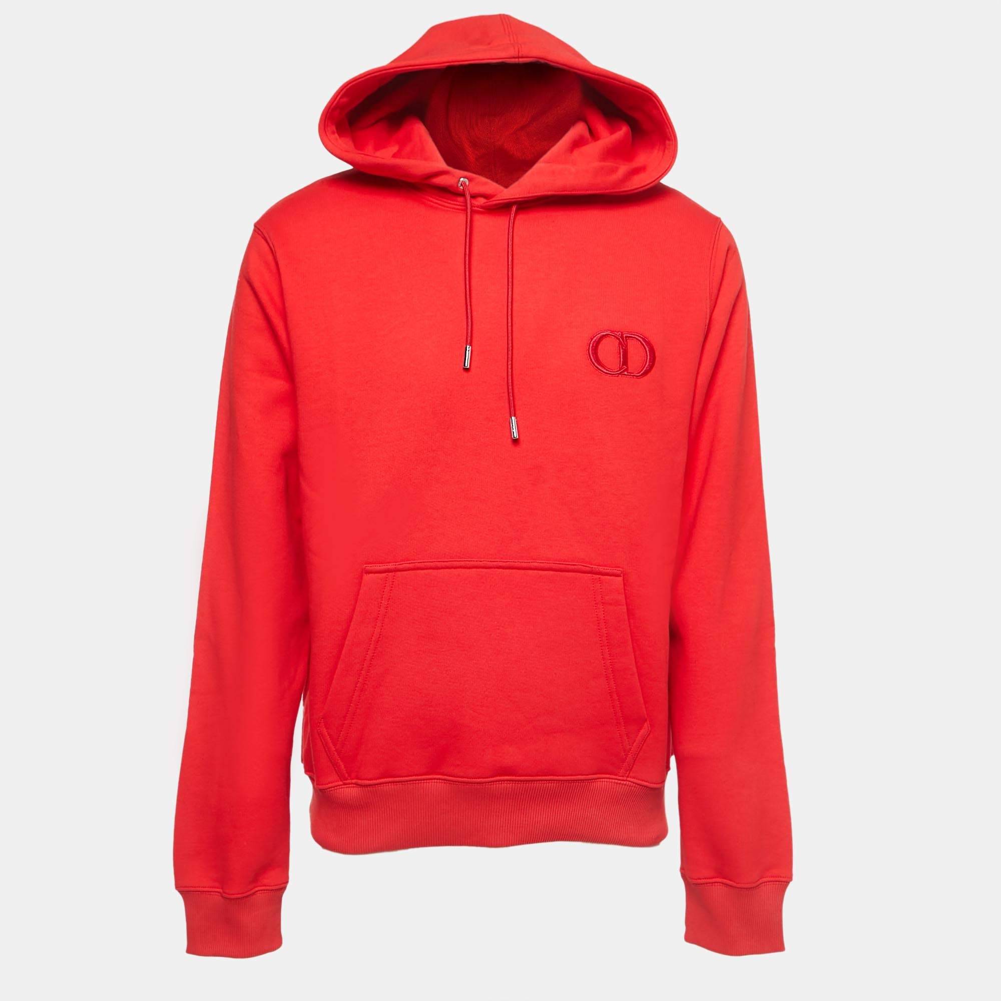 Dior Red Logo Embroidered Cotton Hoodie L