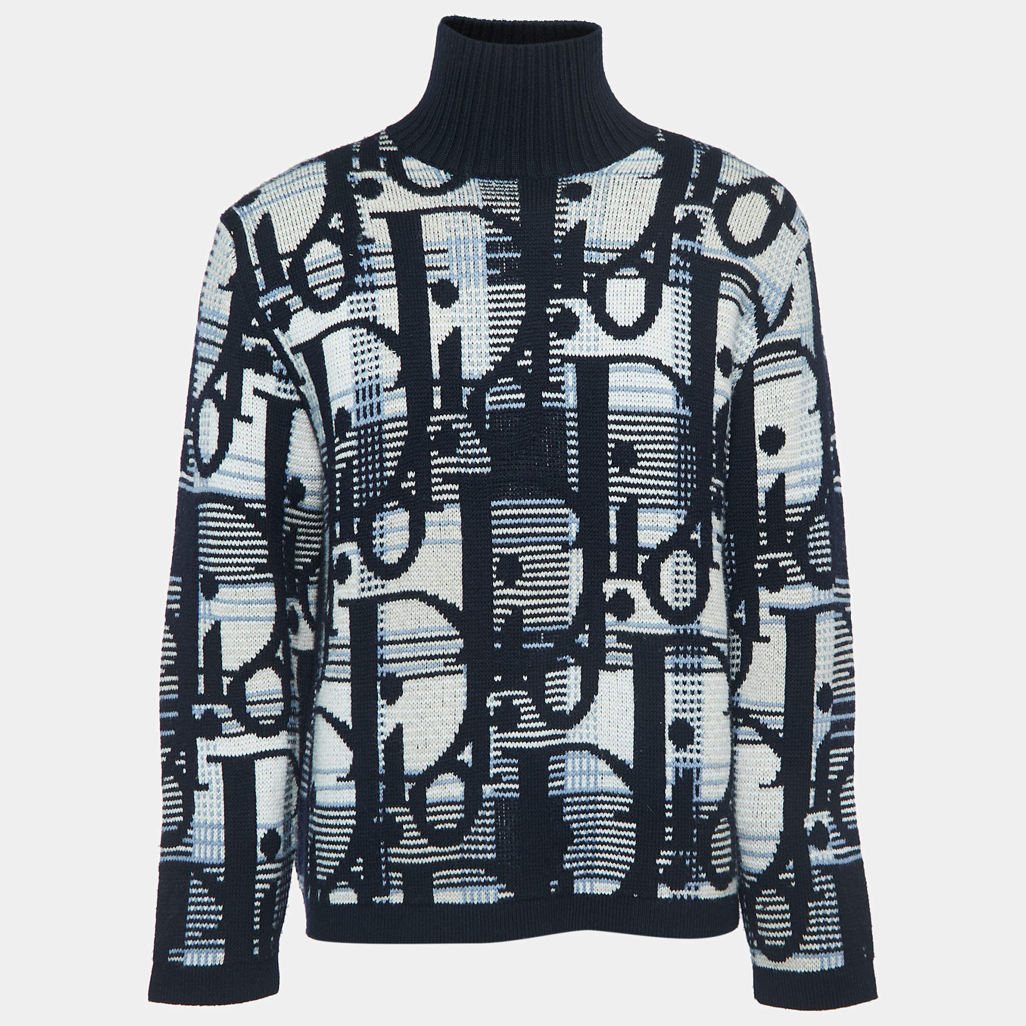 Dior Navy Blue Oblique Patterned Wool Sweater M