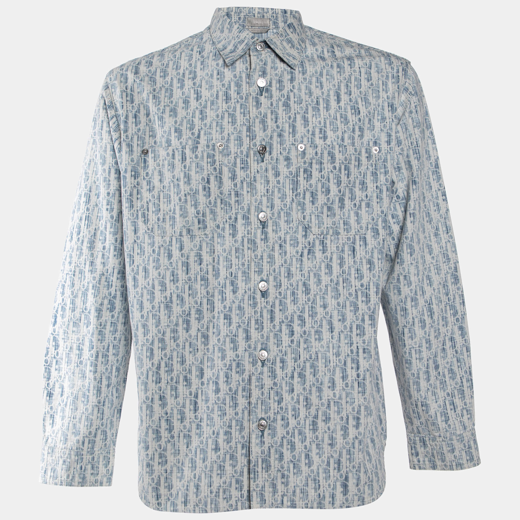 Pre Owned Dior Homme White/Blue Dior Oblique Kasuri Cotton Denim Overshirt M