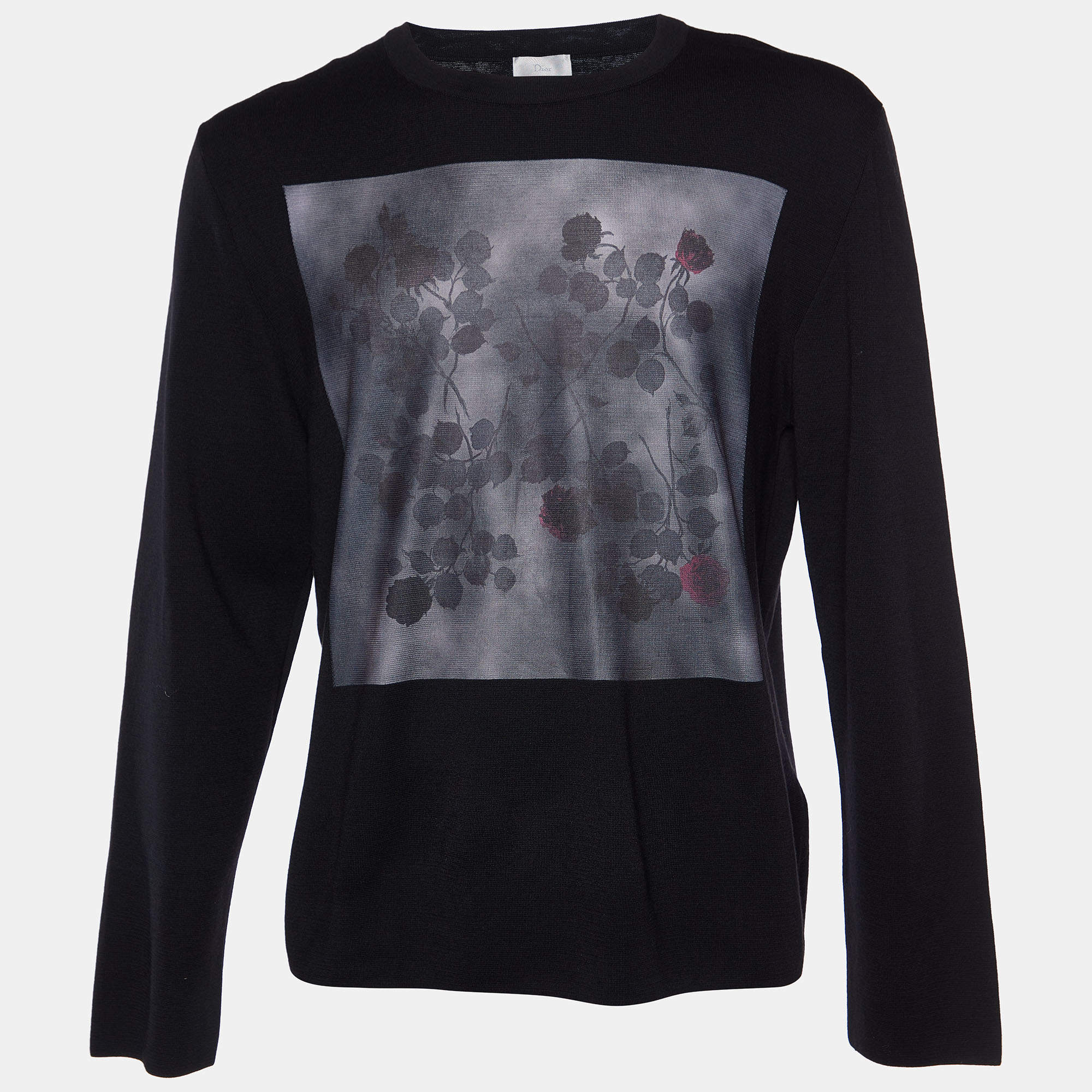 Pre Owned Dior Homme Black Rose Poster Print Wool Long Sleeve Jumper XL