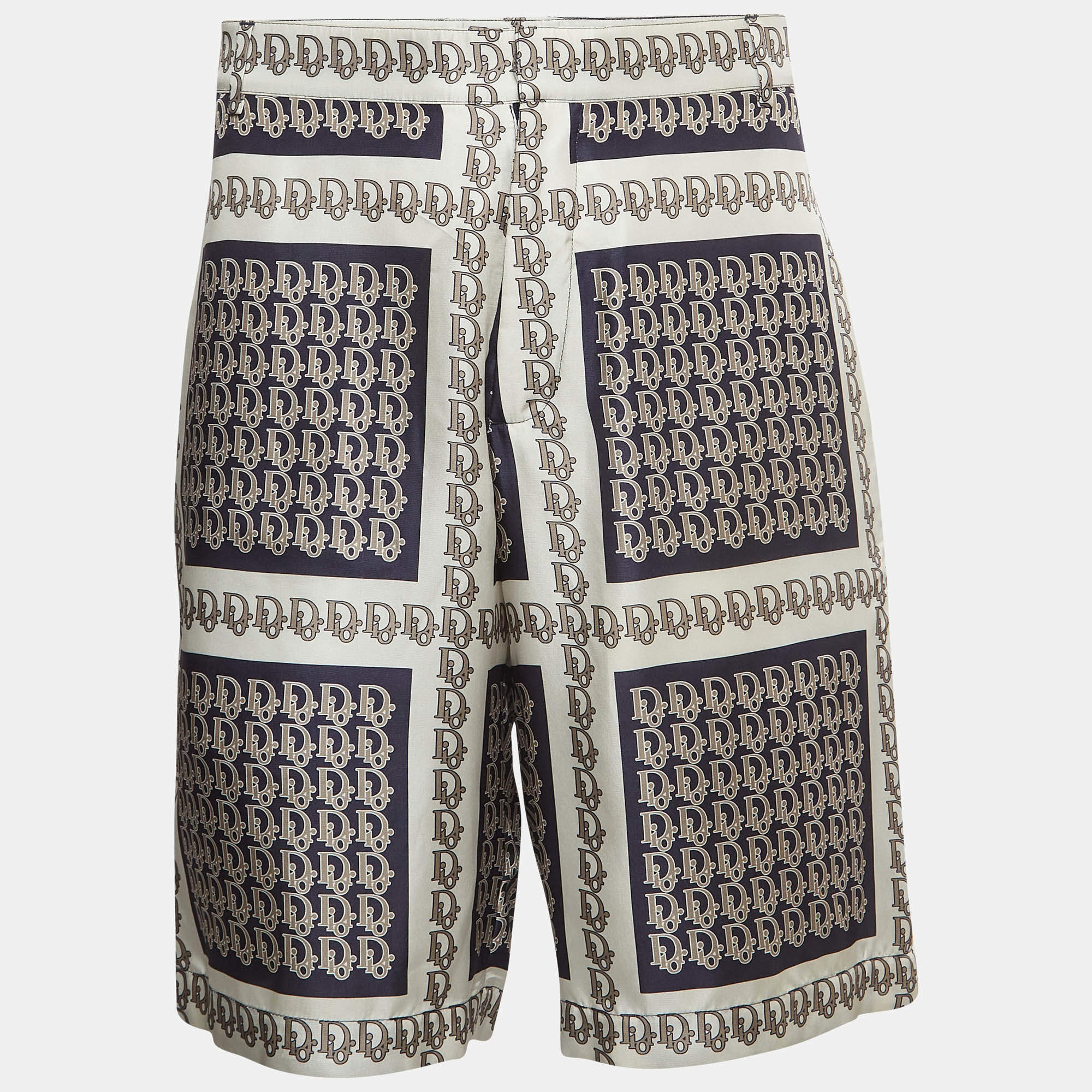 Dior Homme White Oblique Print Silk Bermuda Shorts XL