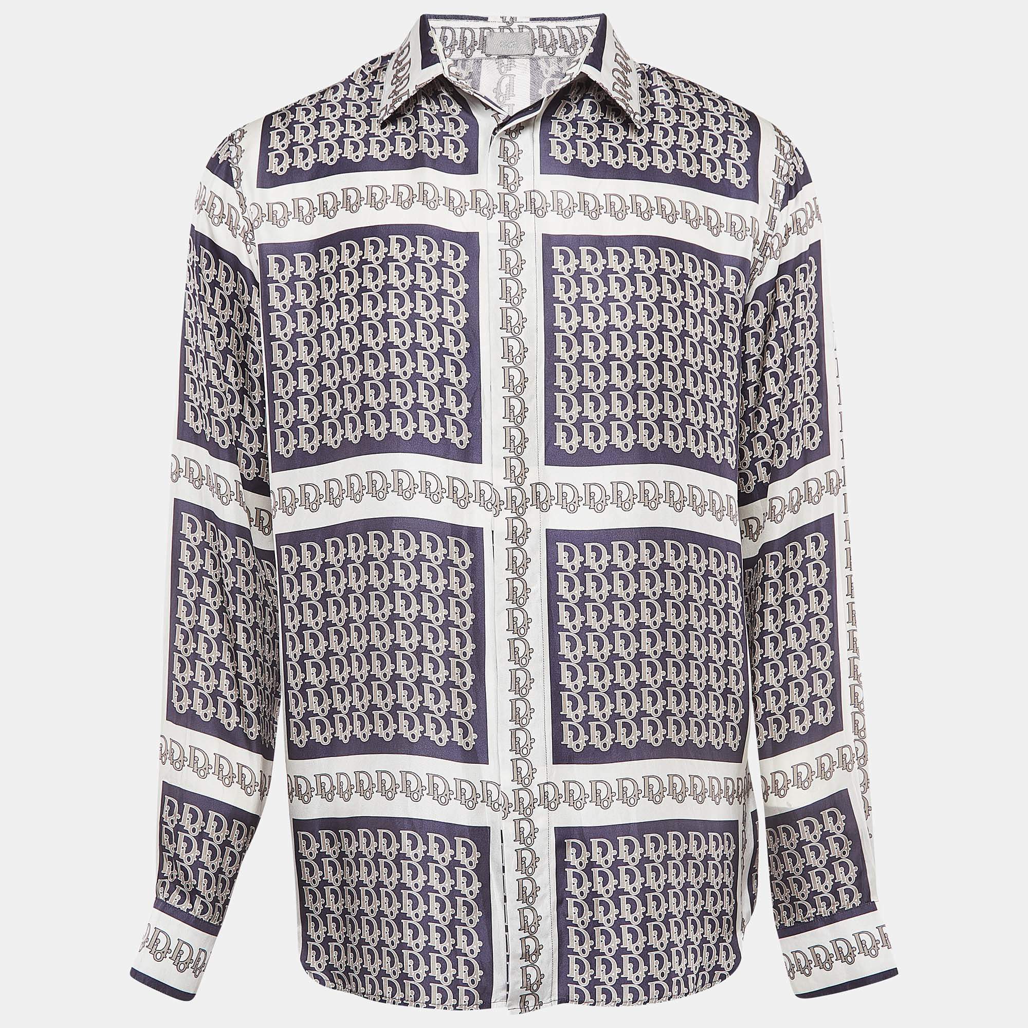 Dior Homme Oblique Print Silk Button Front Full Sleeve Shirt L