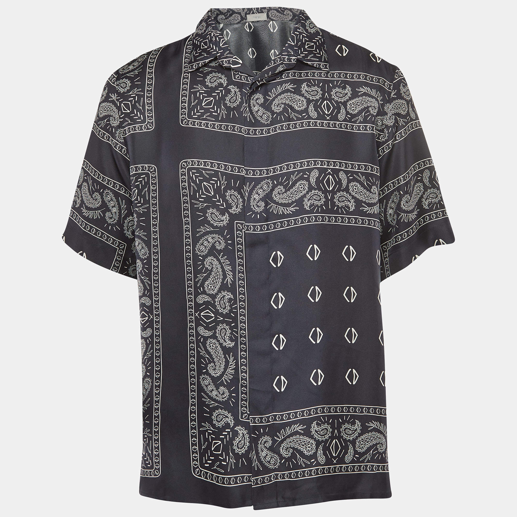 Pre Owned Dior Homme Navy Blue Bandana Motif Print Silk Buttoned Half Sleeve Shirt M