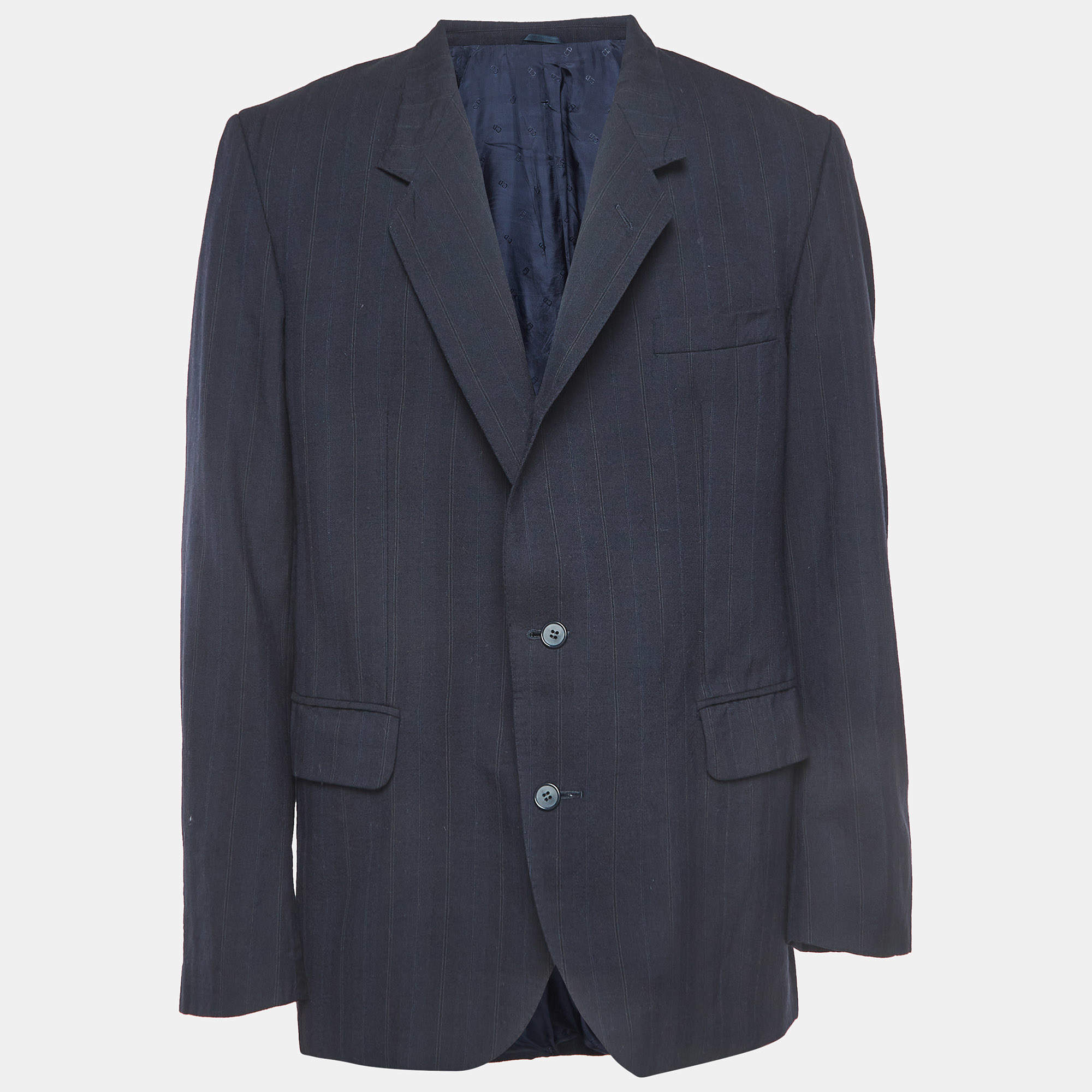 Dior Vintage Navy Blue Pinstripes Wool Single Breasted Blazer XL