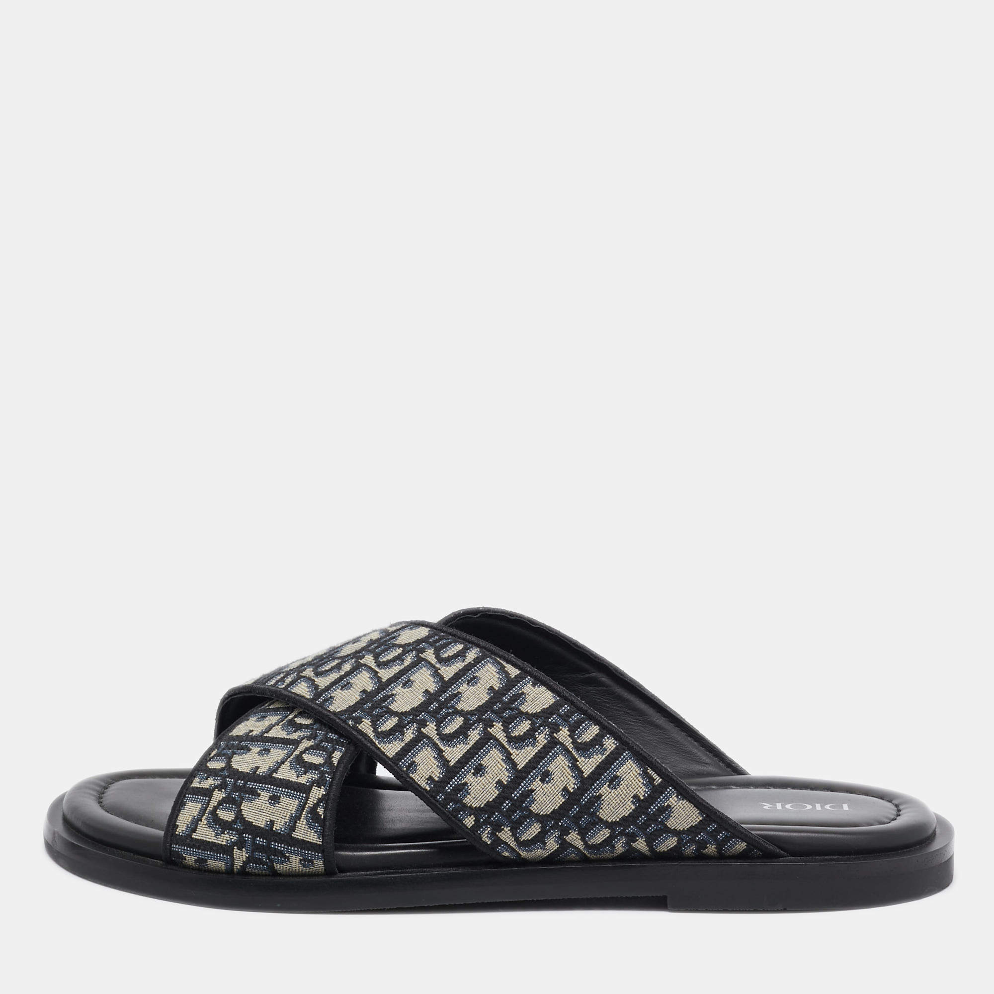 Dior Blue/White Canvas Aqua Crisscross Flat Sandals Size 45