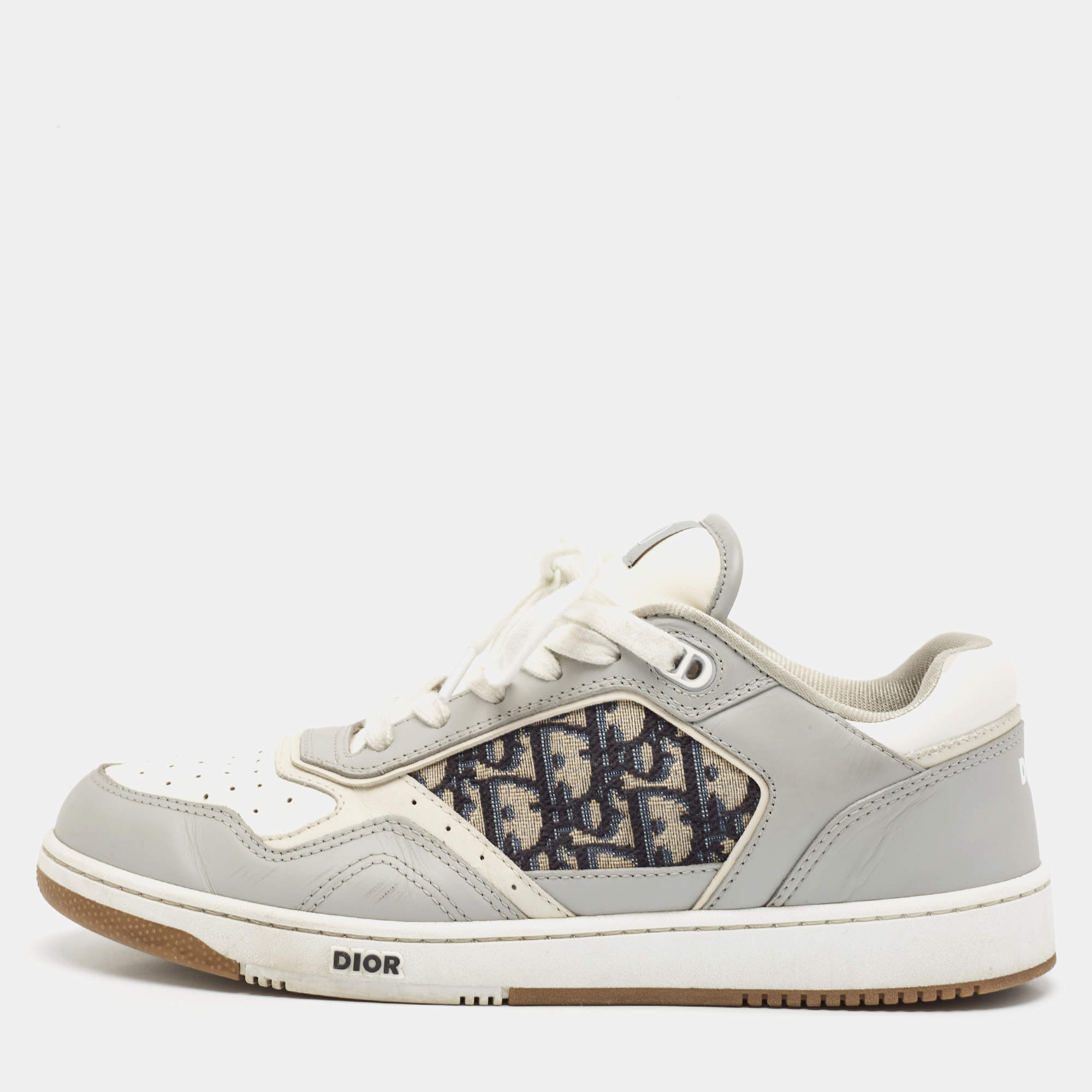 Pre Owned Dior Grey/White Leather and Oblique Fabric B27 Low Top Sneakers Size 42.5