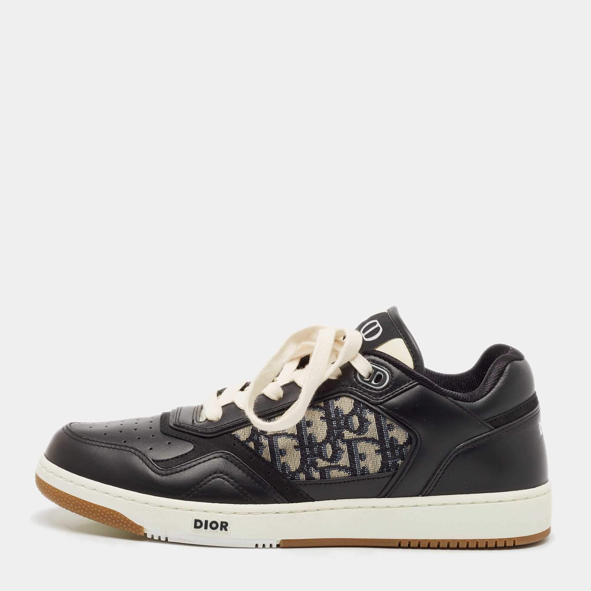 Pre Owned Dior Black/White Leather and Oblique Canvas B27 Sneakers Size 43