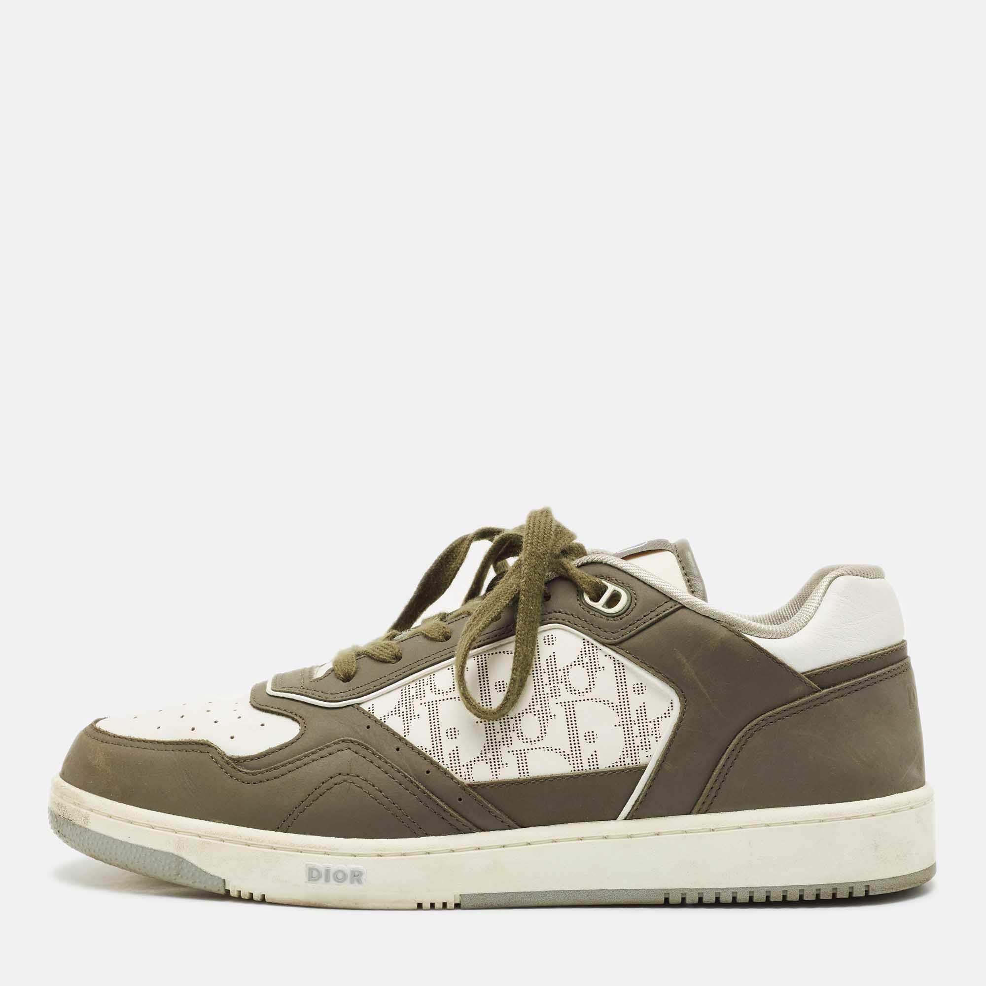 Dior White/Green Canvas and Leather B27 Lace Up Sneakers Size 44.5