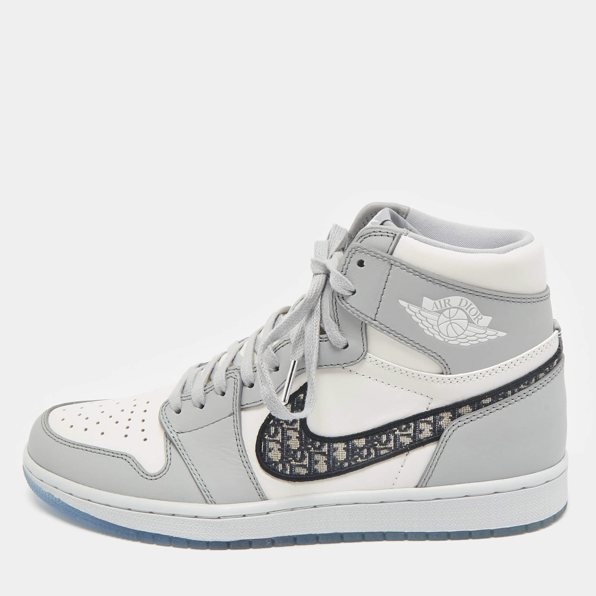 Pre Owned Dior x Jordan Grey/White Leather Jordan 1 Retro High Sneakers Size 43