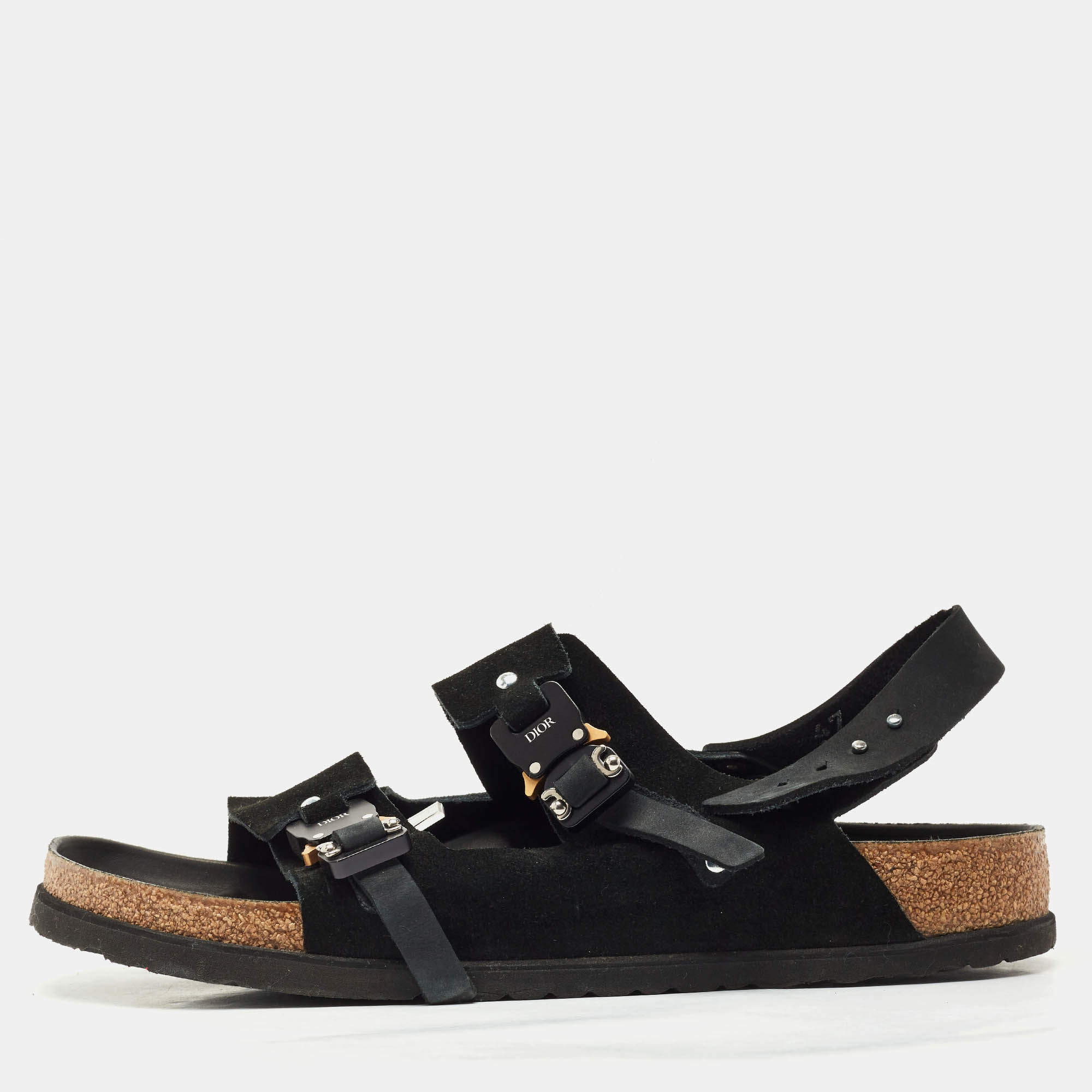 Dior X Birkenstock Milano Black Suede and Nubuck Buckle Slingback Sandals Size 47