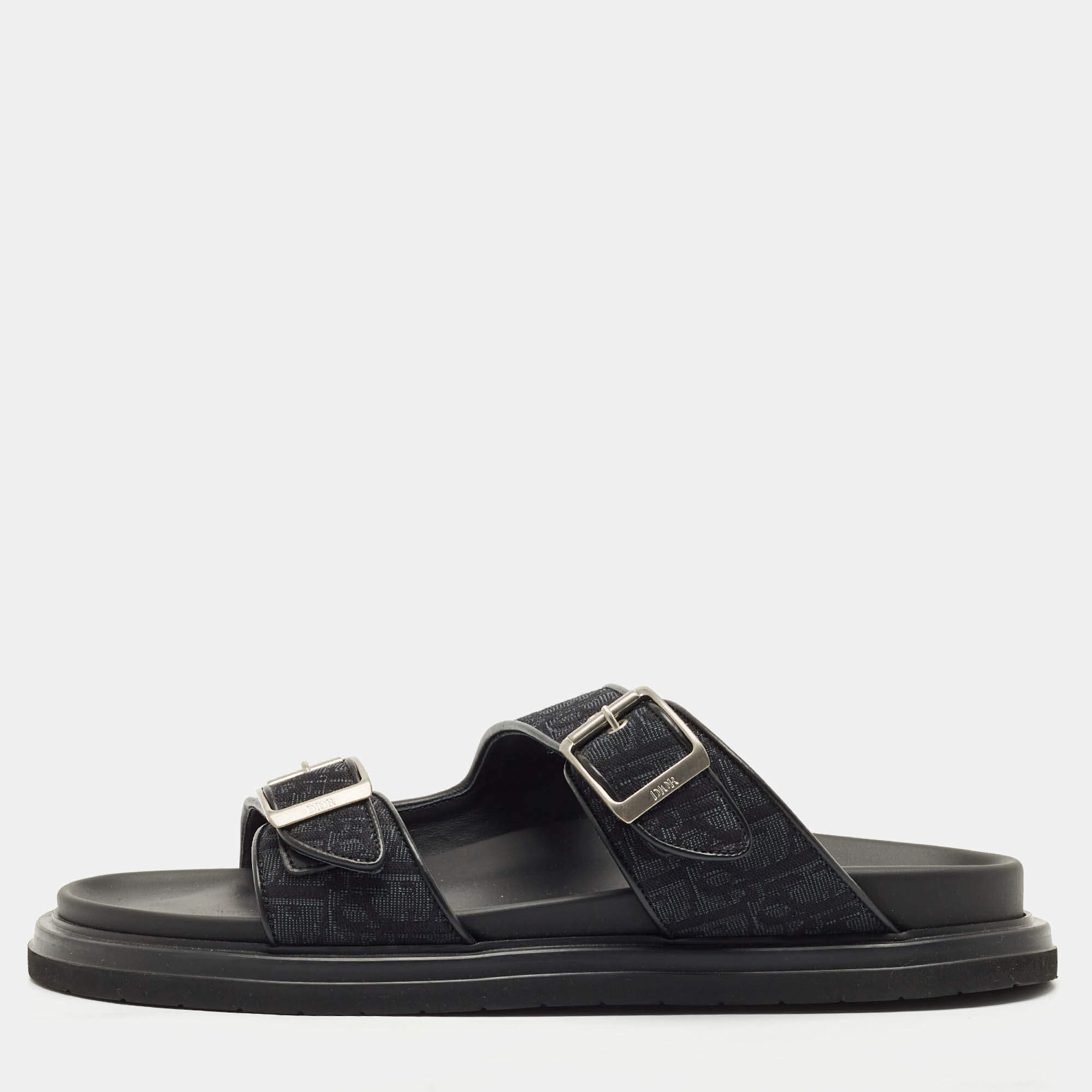 Pre Owned Dior Black Oblique Canvas and Leather Aqua Flat Slide Sandals Size 45