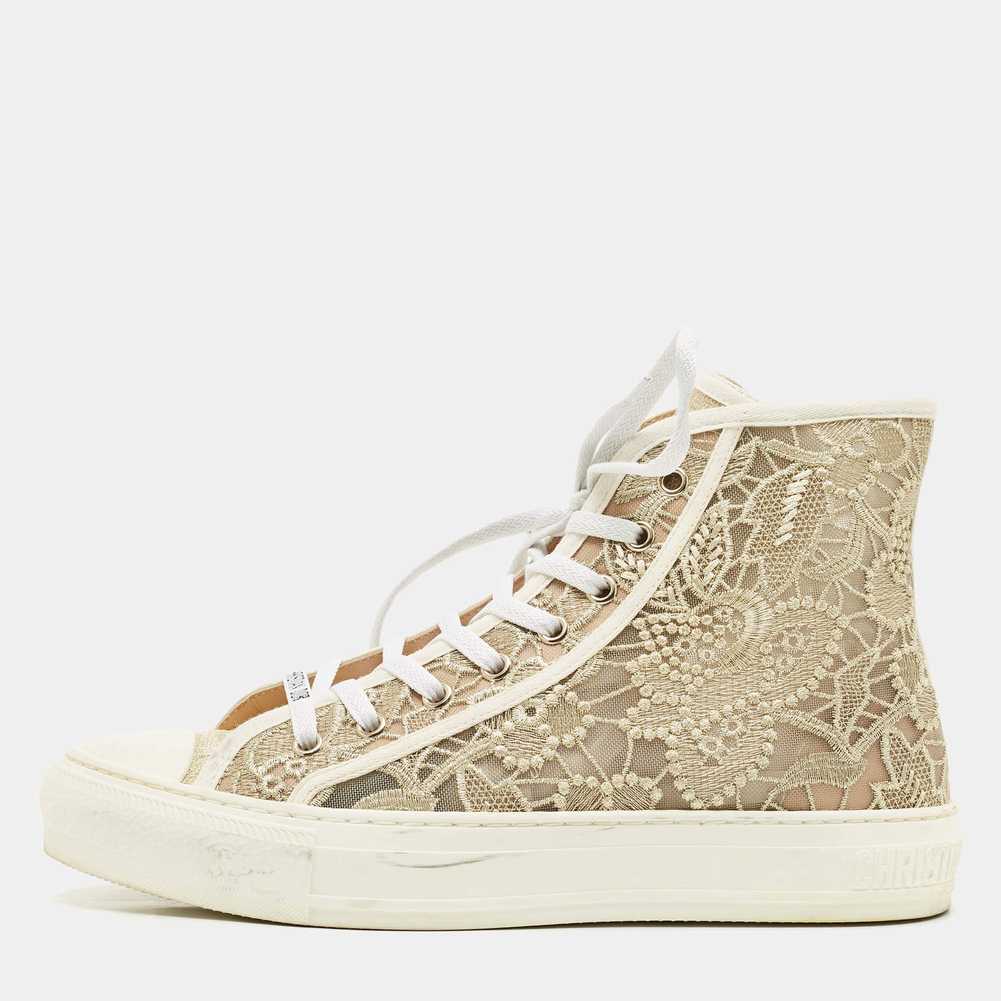 Pre Owned Dior Gold/White Lace and Mesh Walk'n'Dior Sneakers Size 39.5