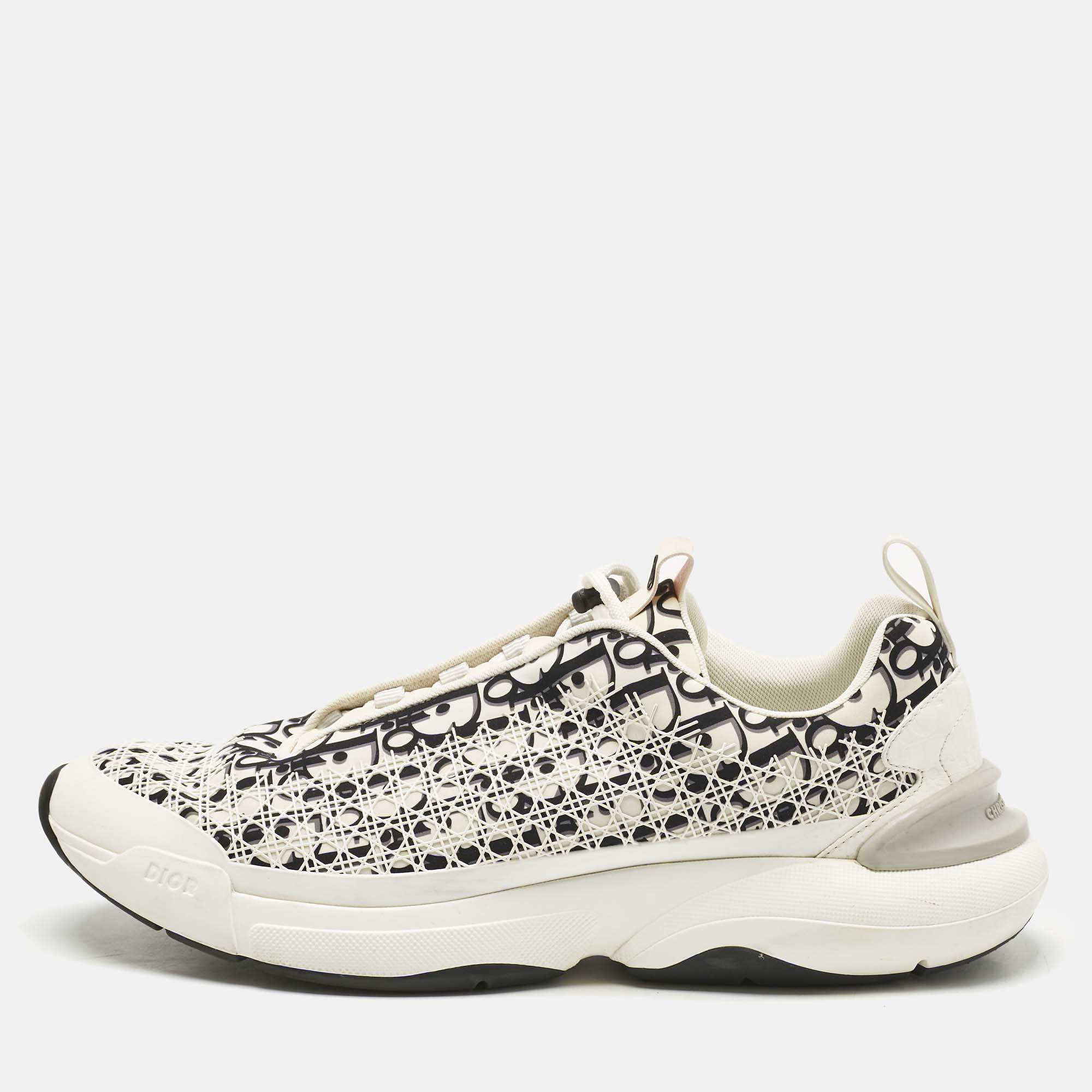 Pre Owned Dior White/Black Oblique Cannage Neoprene and Rubber B24 Low Top Sneakers Size 46