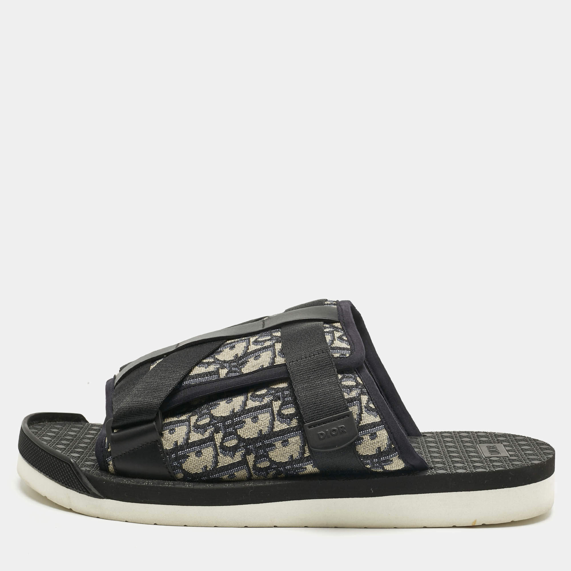 Pre Owned Dior Navy Blue/Black Oblique Canvas Alpha Flat Slide Sandals Size 48