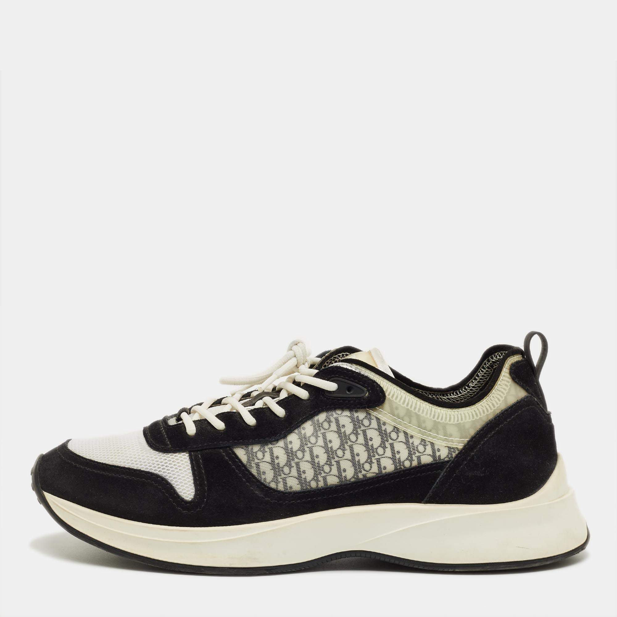 Pre Owned Dior Black/White Suede and Oblique Mesh Runner B25 Lace Up Sneakers Size 46