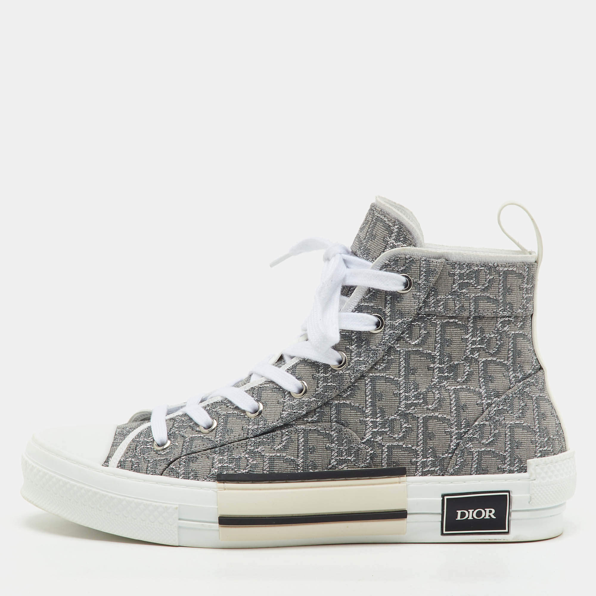 Pre Owned Dior Grey/White Oblique Jacquard B23 High Top Sneakers Size 42