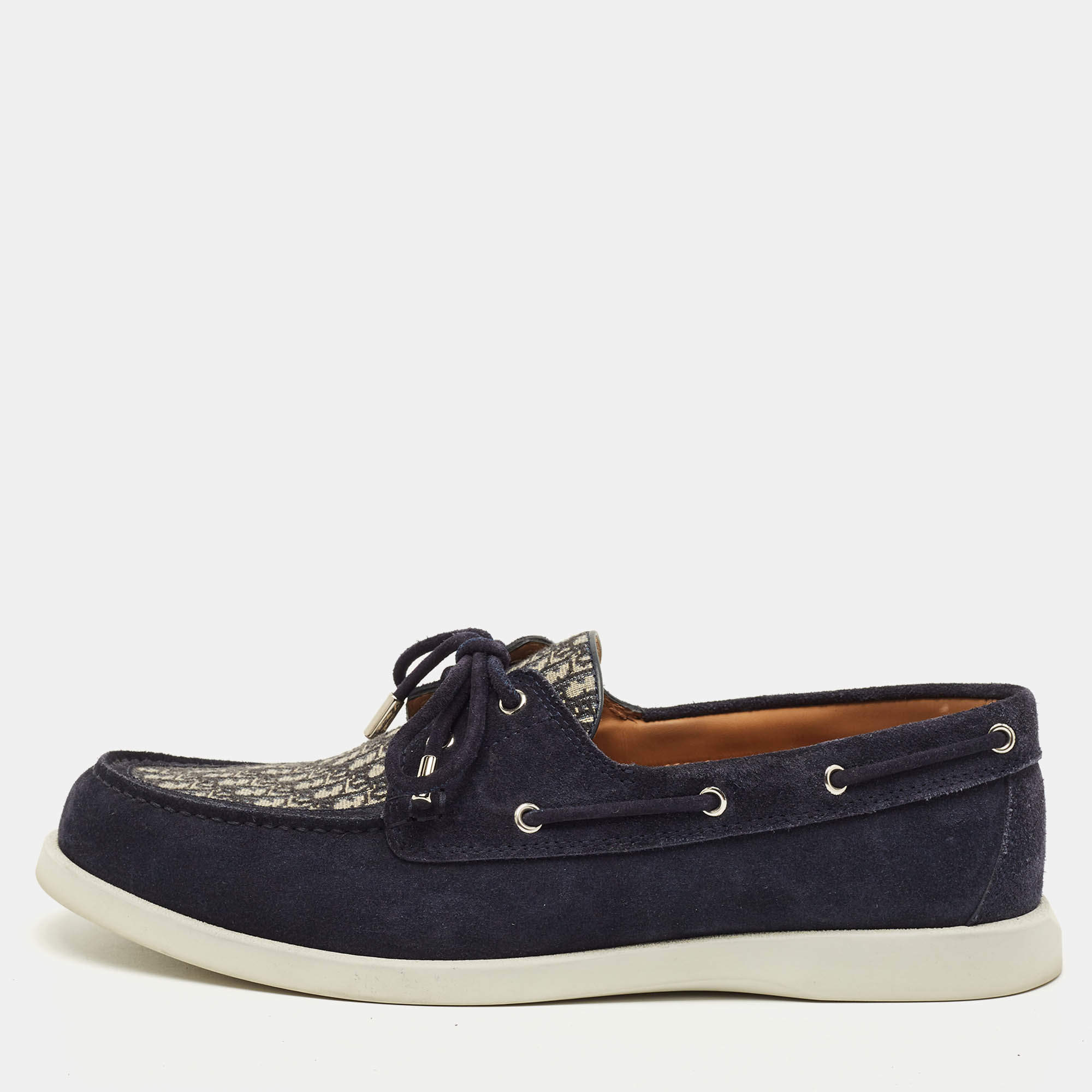 Pre Owned حذاء لوفرز ديور غرانفيل جاكار مائل أزرق بحري/بيج ومخمل برباط مقاس 44