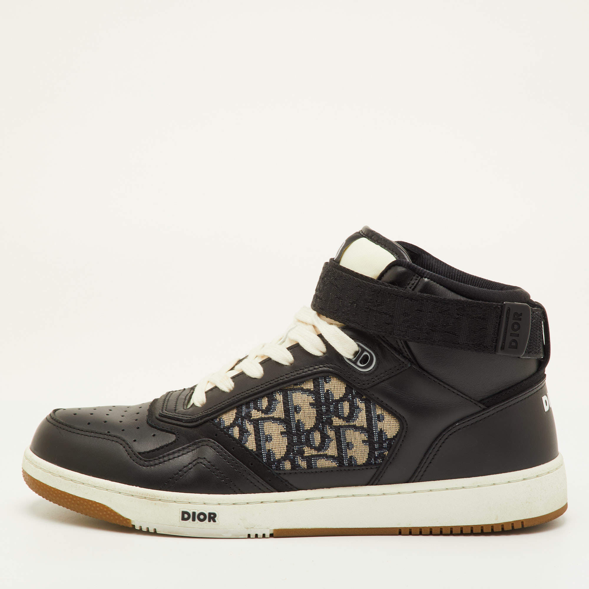 Pre Owned Dior B27 Size 43 Black/Beige Oblique Canvas and Leather High Top Sneakers