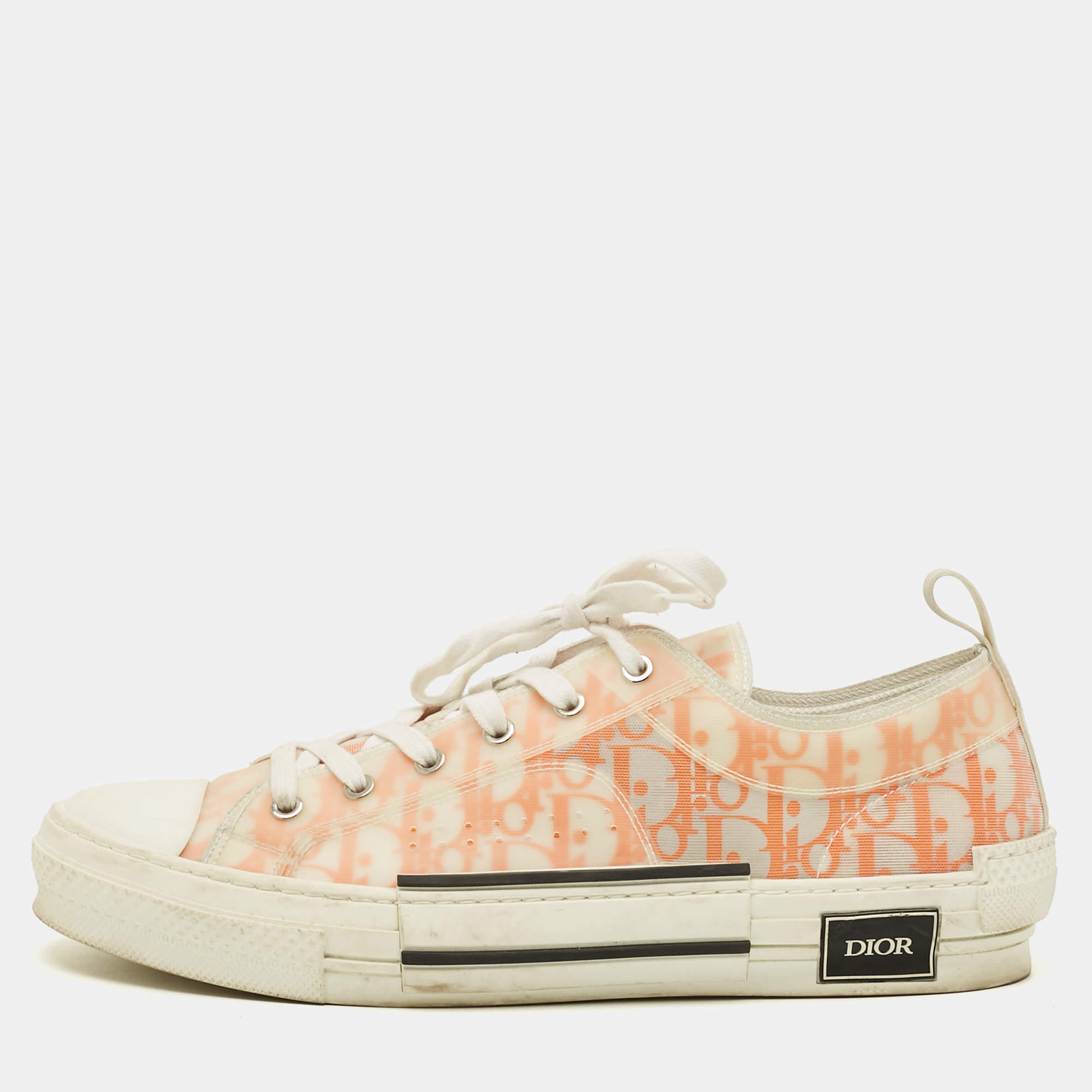 Pre Owned Dior B23 Size 45 White/Orange Oblique Mesh and PVC Low Top Sneakers
