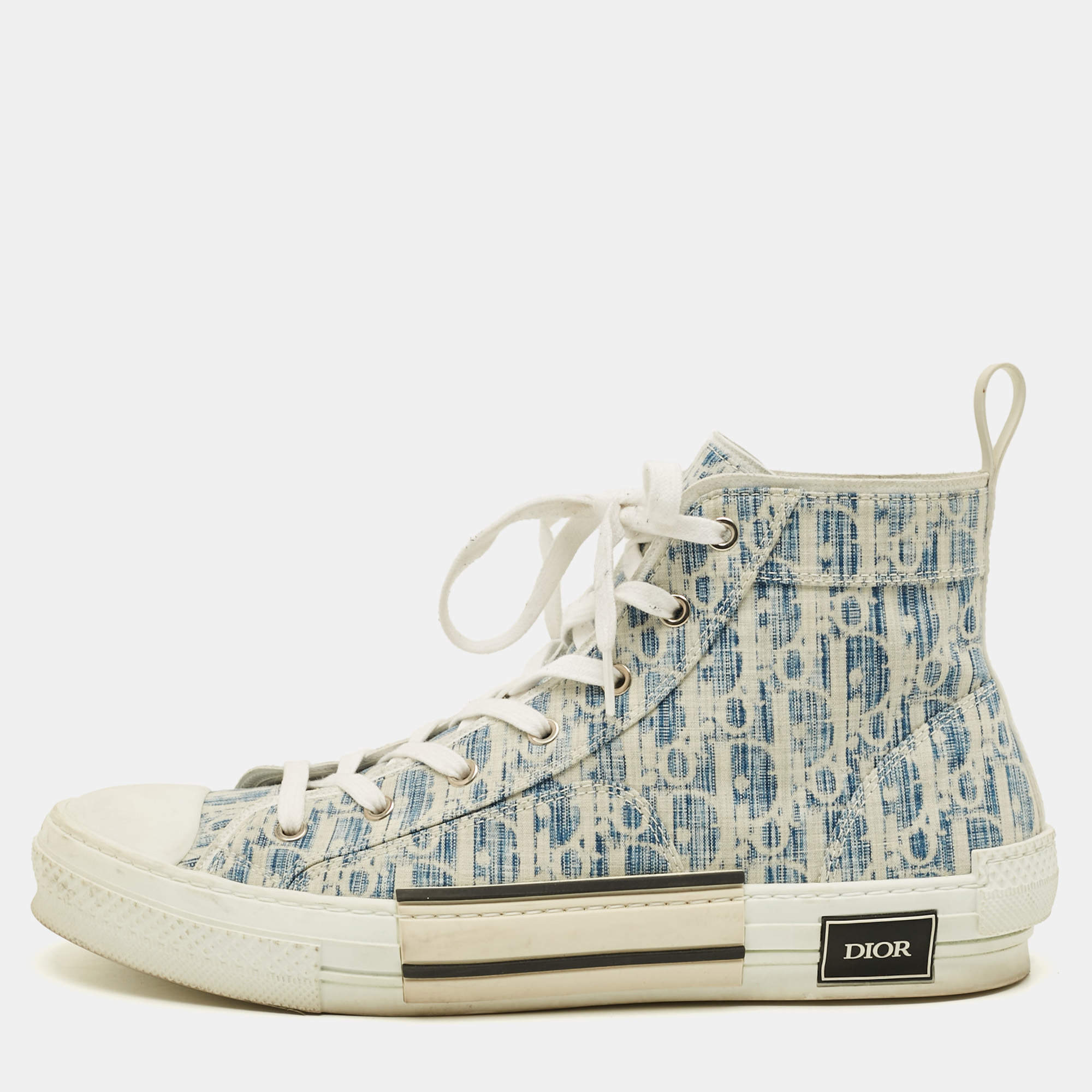 Pre Owned Dior B23 Size 46 Blue/White Jacquard Oblique Kasuri High Top Sneakers