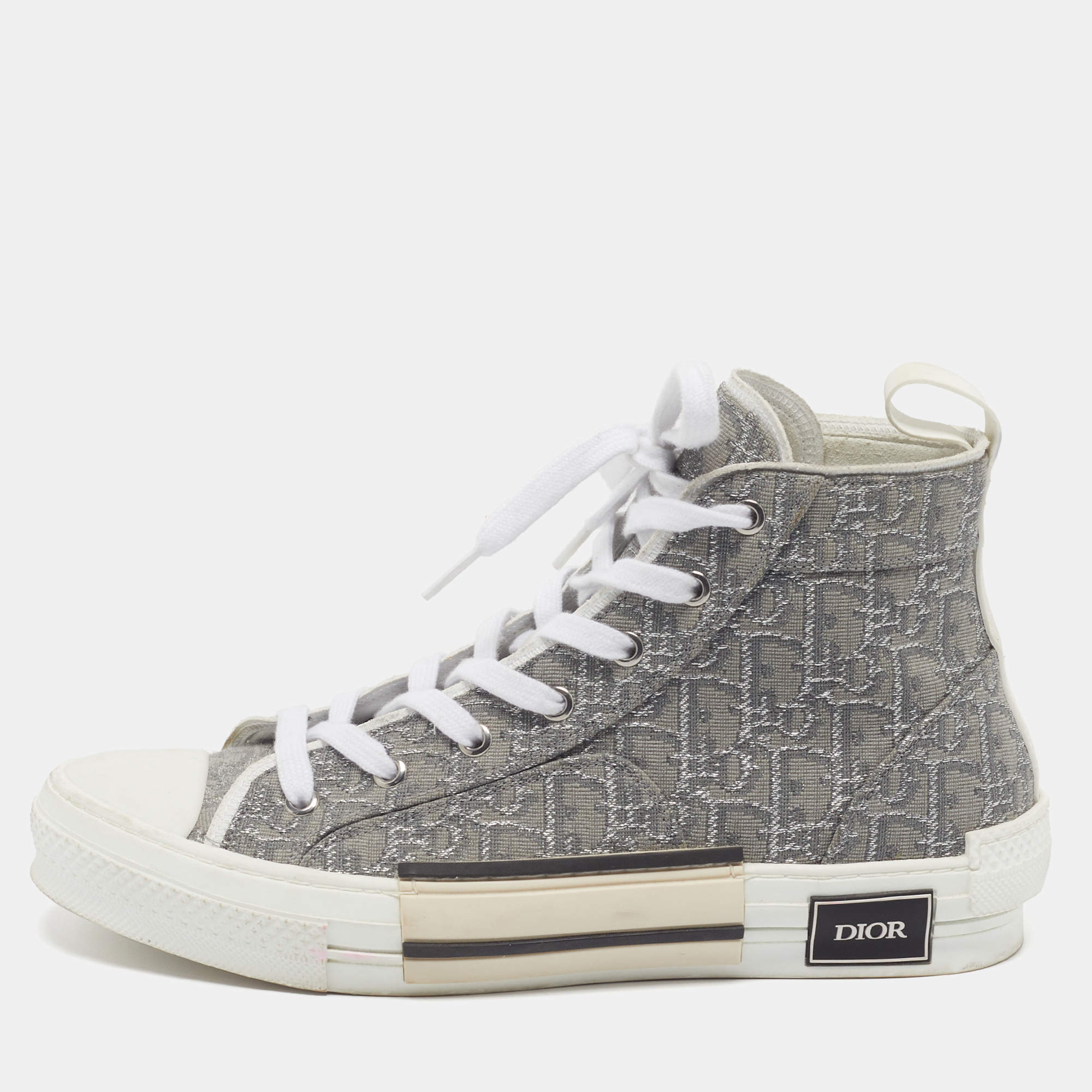 Pre Owned Dior B23 Size 40 Grey/Silver Oblique Jacquard High Top Sneakers
