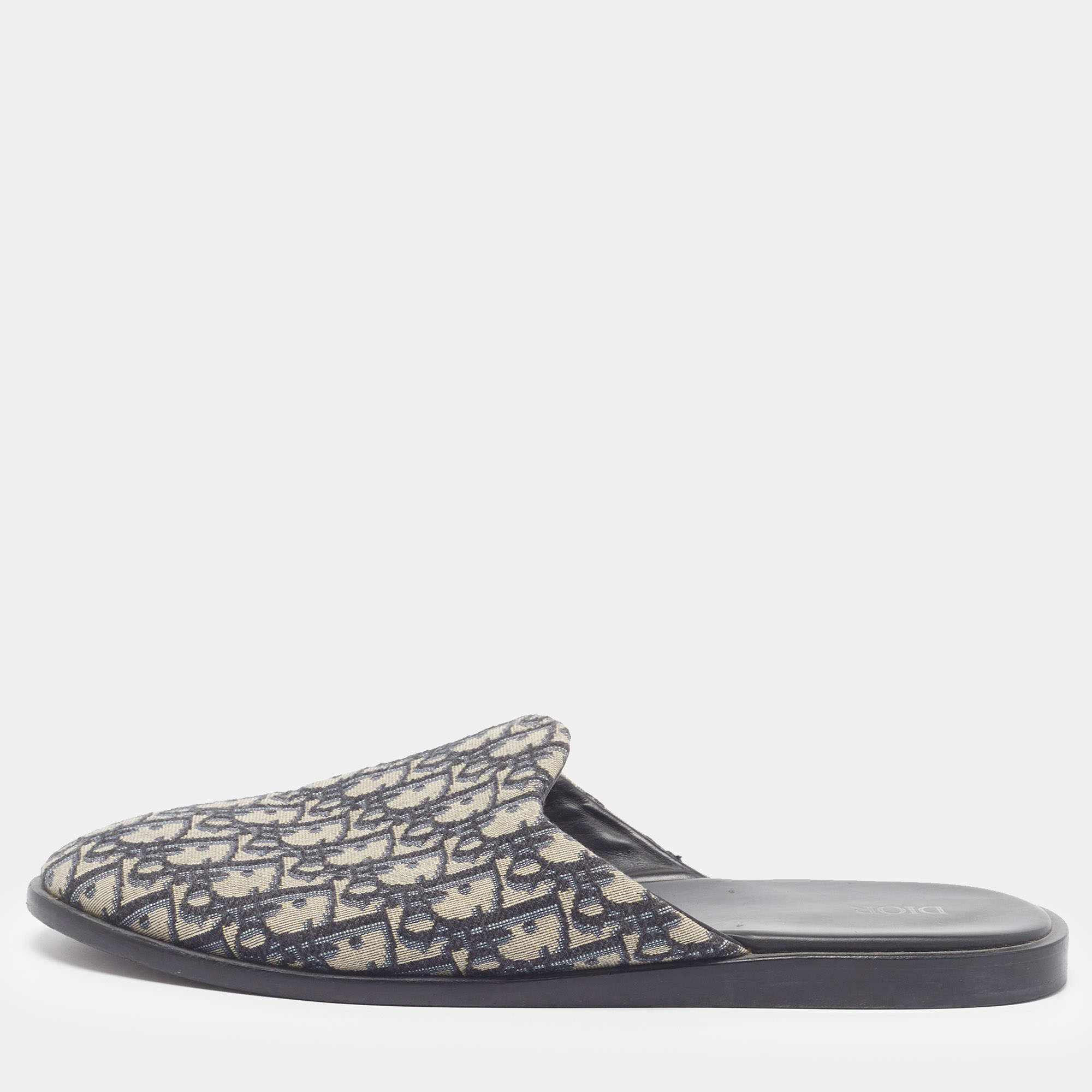 Pre Owned Dior Size 46 Oblique Embroidered Canvas Flat Mules