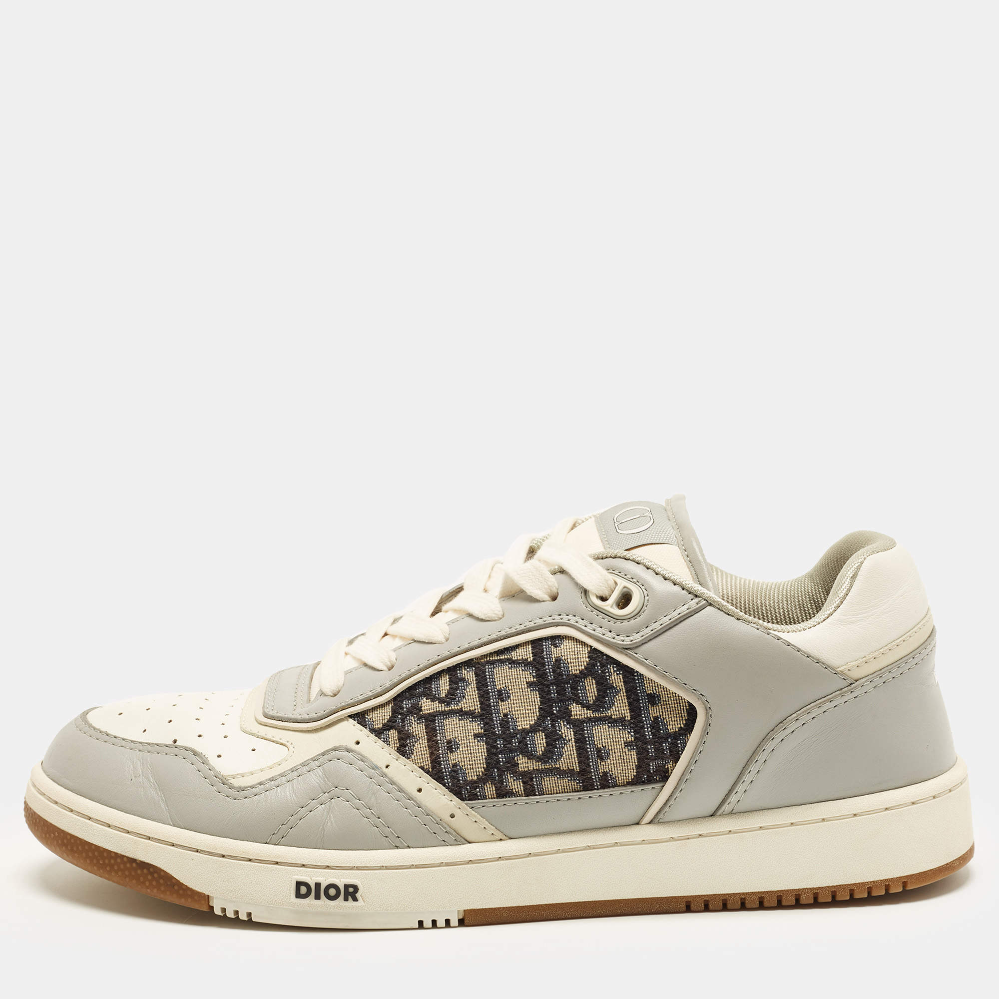 Pre Owned Dior B27 Uptown Size 43 Grey/Beige Leather and Oblique Jacquard Low Top Sneakers