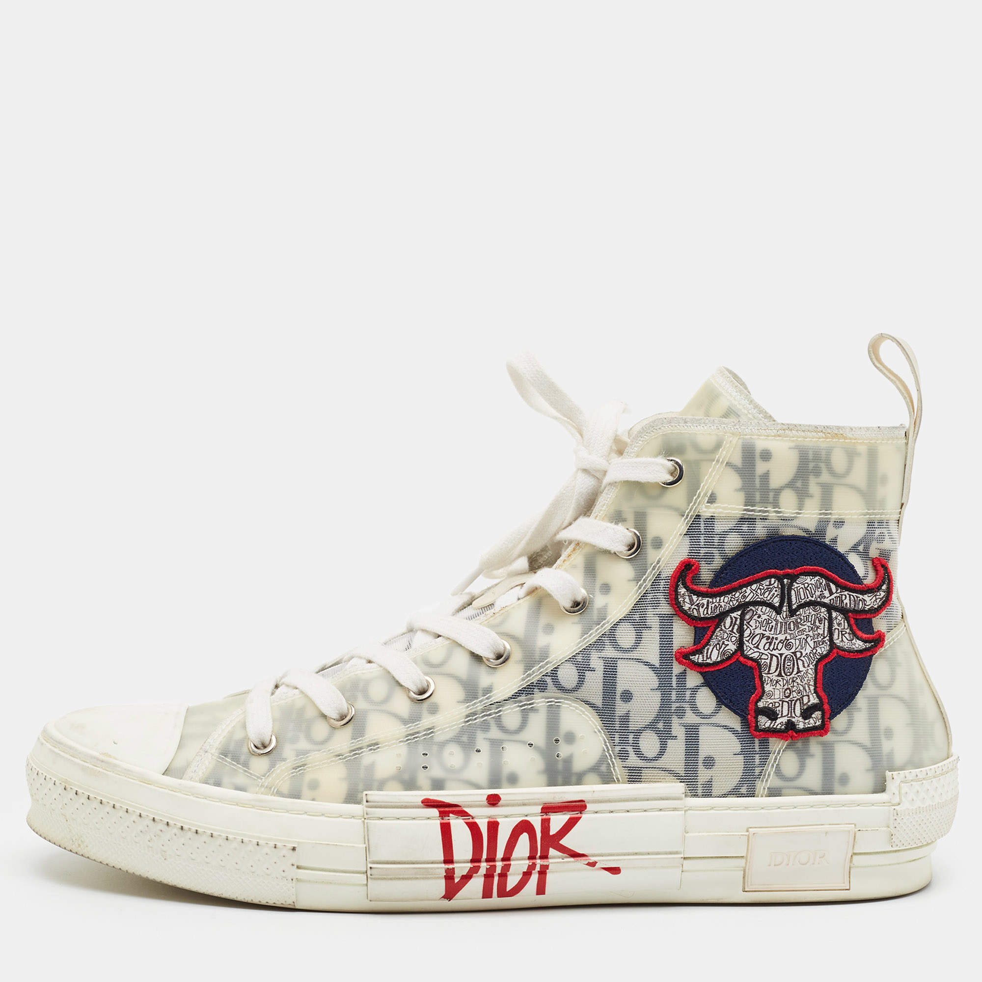 Pre Owned Dior Shawn Stussy B23 Size 45 Transparent/Grey Oblique Mesh and PVC 'Ox Head Embroidery Patch' High Top Sneakers