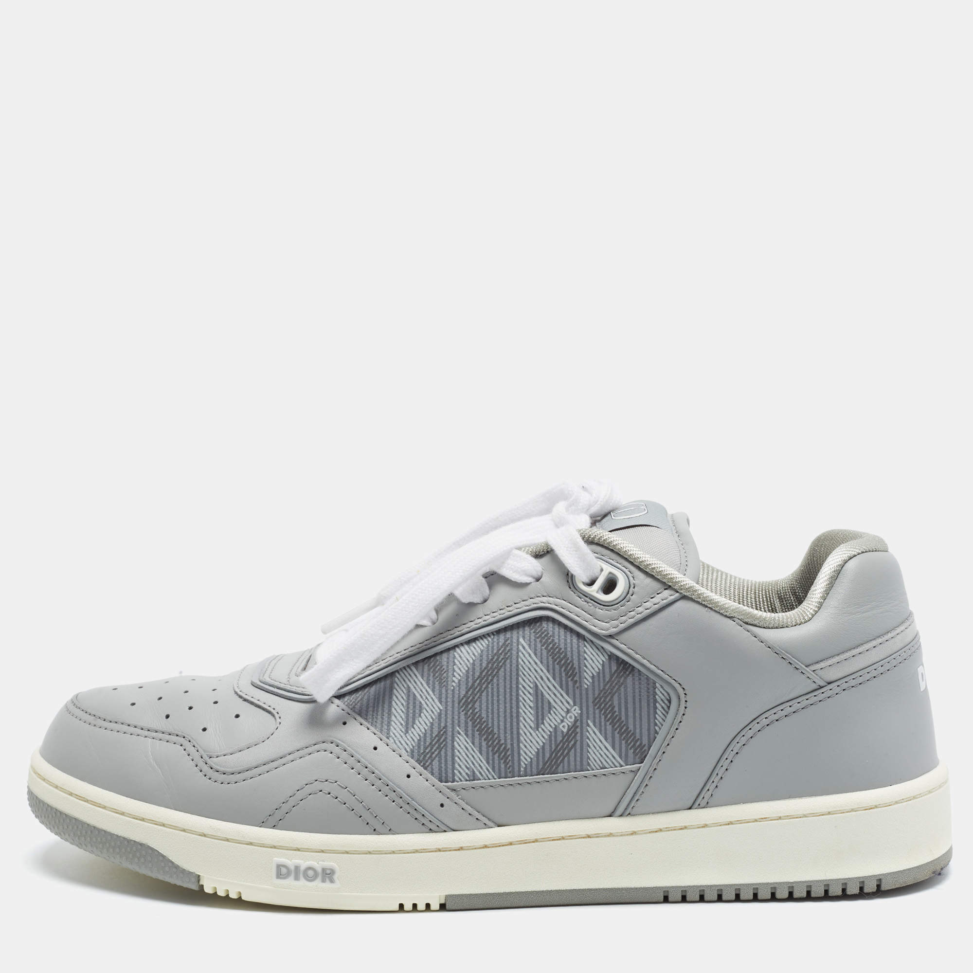 مملوكة مسبقًا Dior Size 44 Grey CD Diamond Print Coated Canvas and Leather Lace Up Sneakers