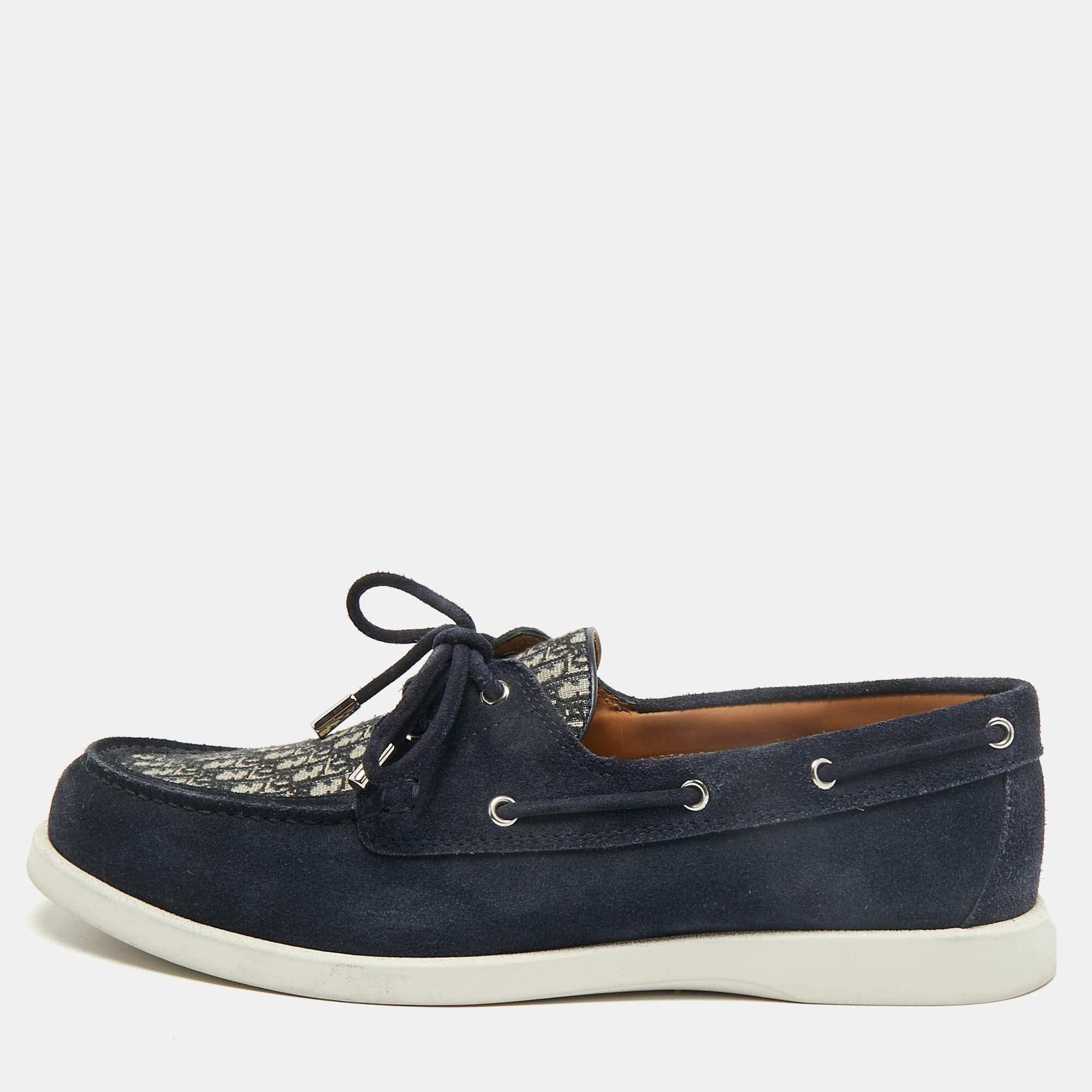 Pre Owned Dior Granville Boat Size 44 Navy Blue/Beige Oblique Jacquard and Suede Loafers