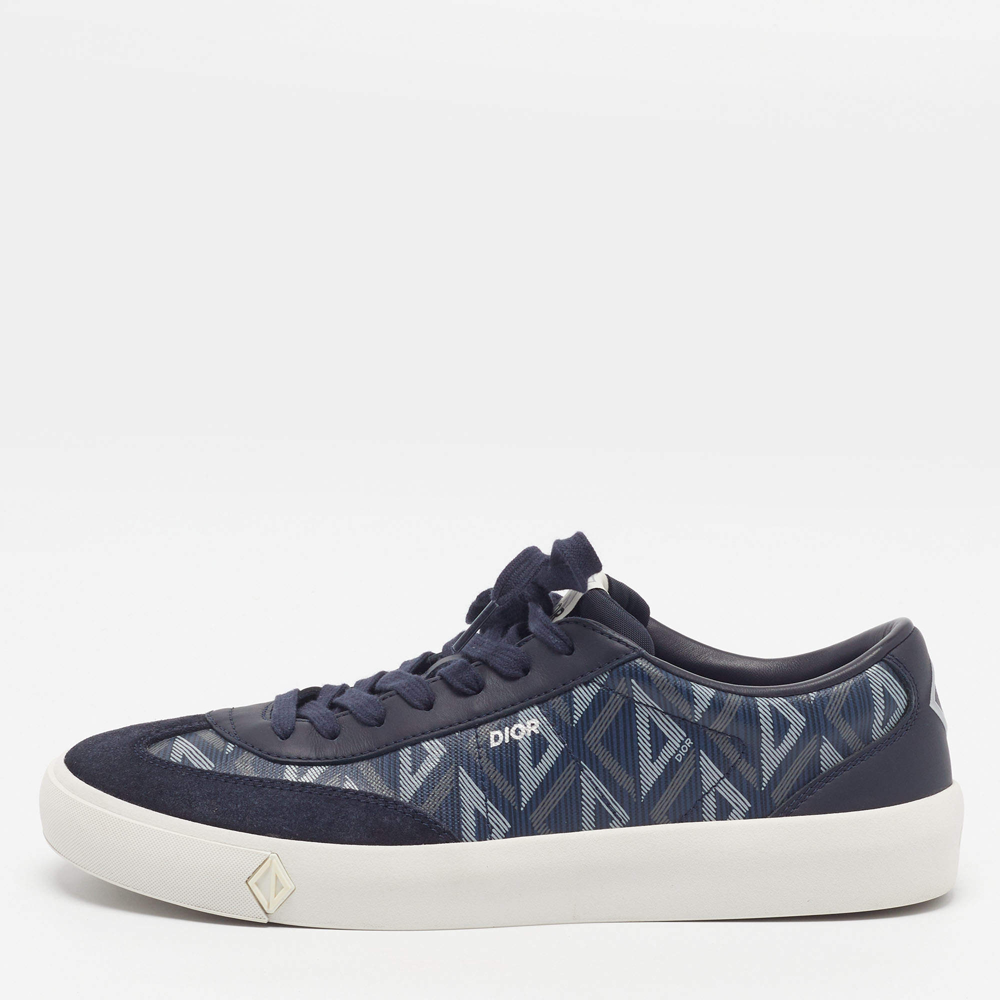 Pre Owned Dior B101 Size 45 Navy Blue Coated Canvas and Leather CD Diamond Lace Up Sneakers