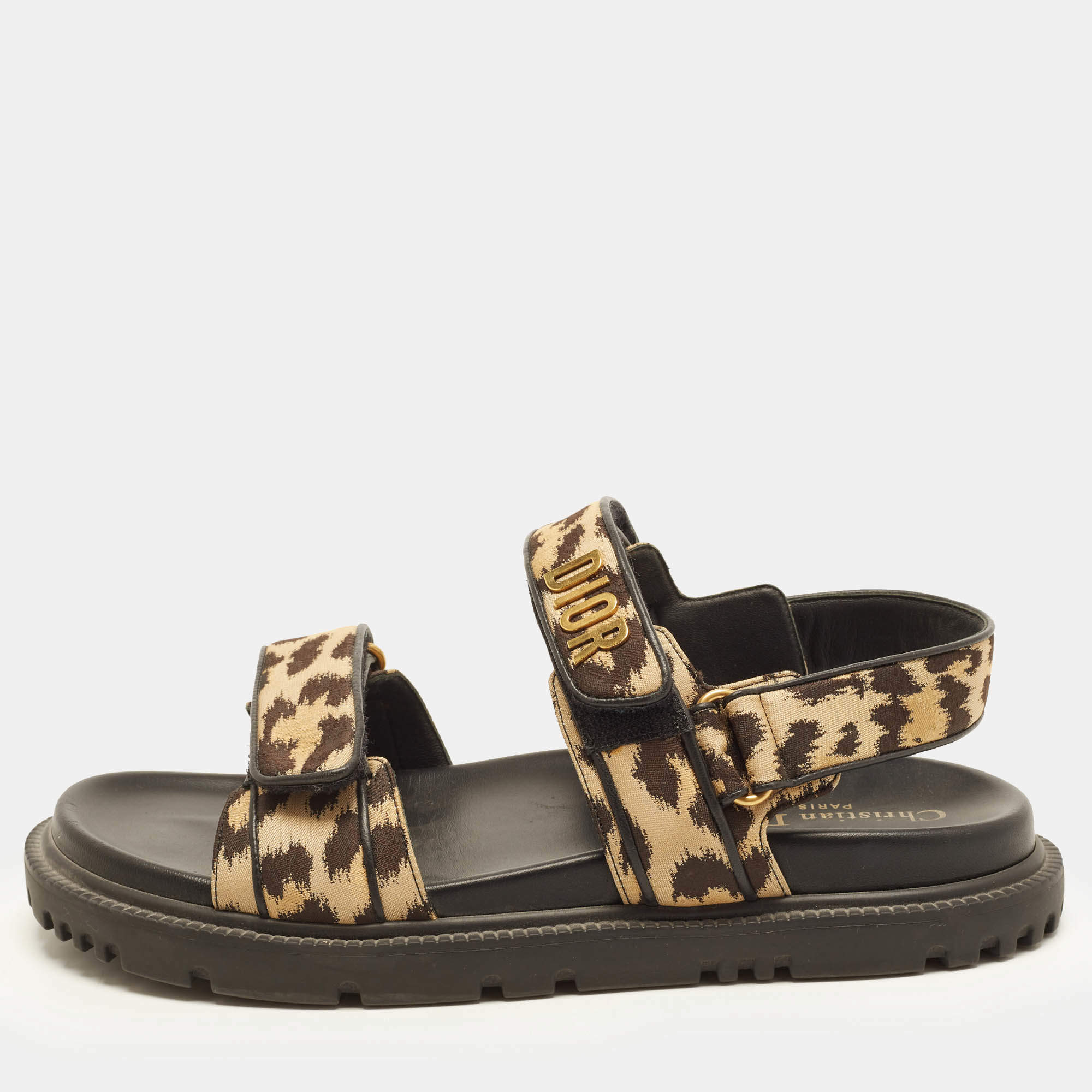 Pre Owned Dior Dioract Size 40.5 Dark Brown/Beige Leopard Print Fabric Flat Slingback Sandals
